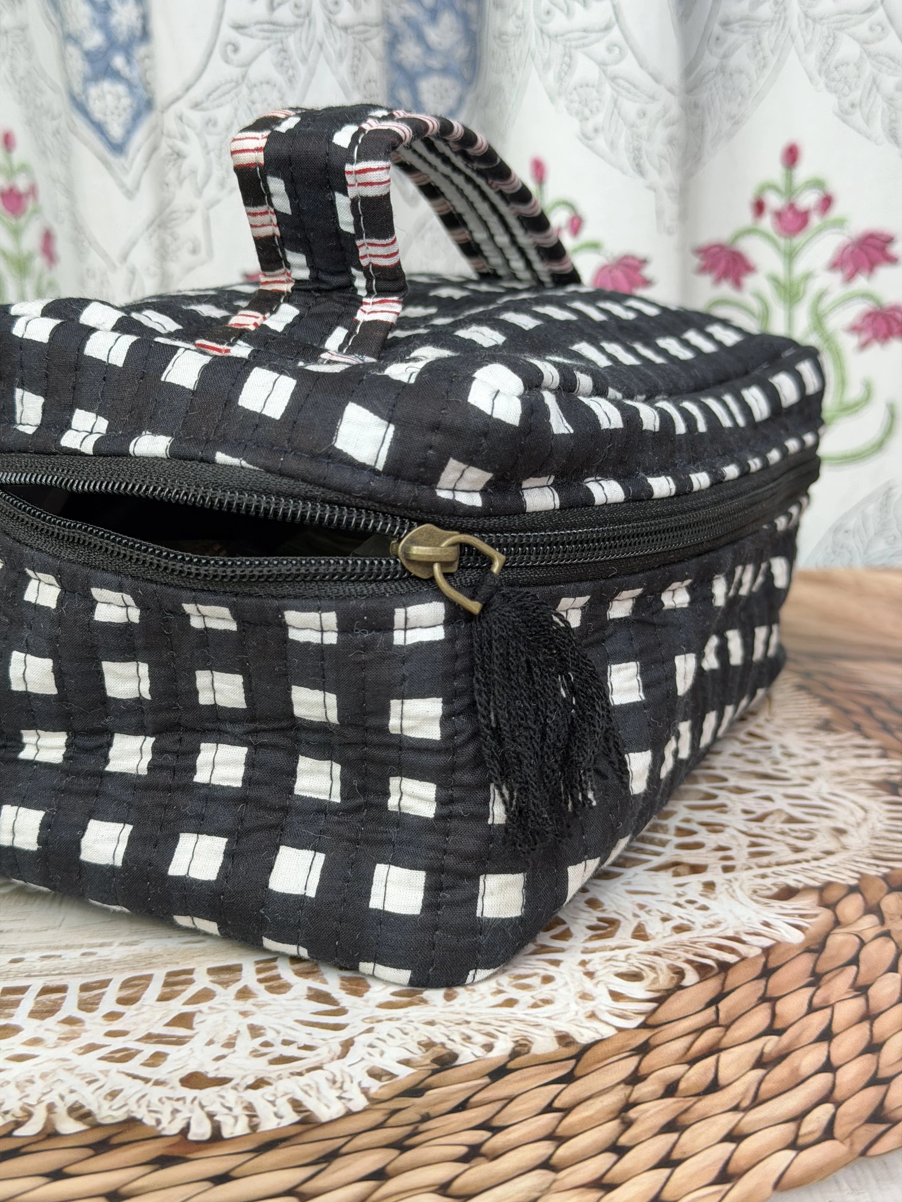 Jaipur Block Print Quilted Travel Makeup Bag for Boys - Black and White Check Side View