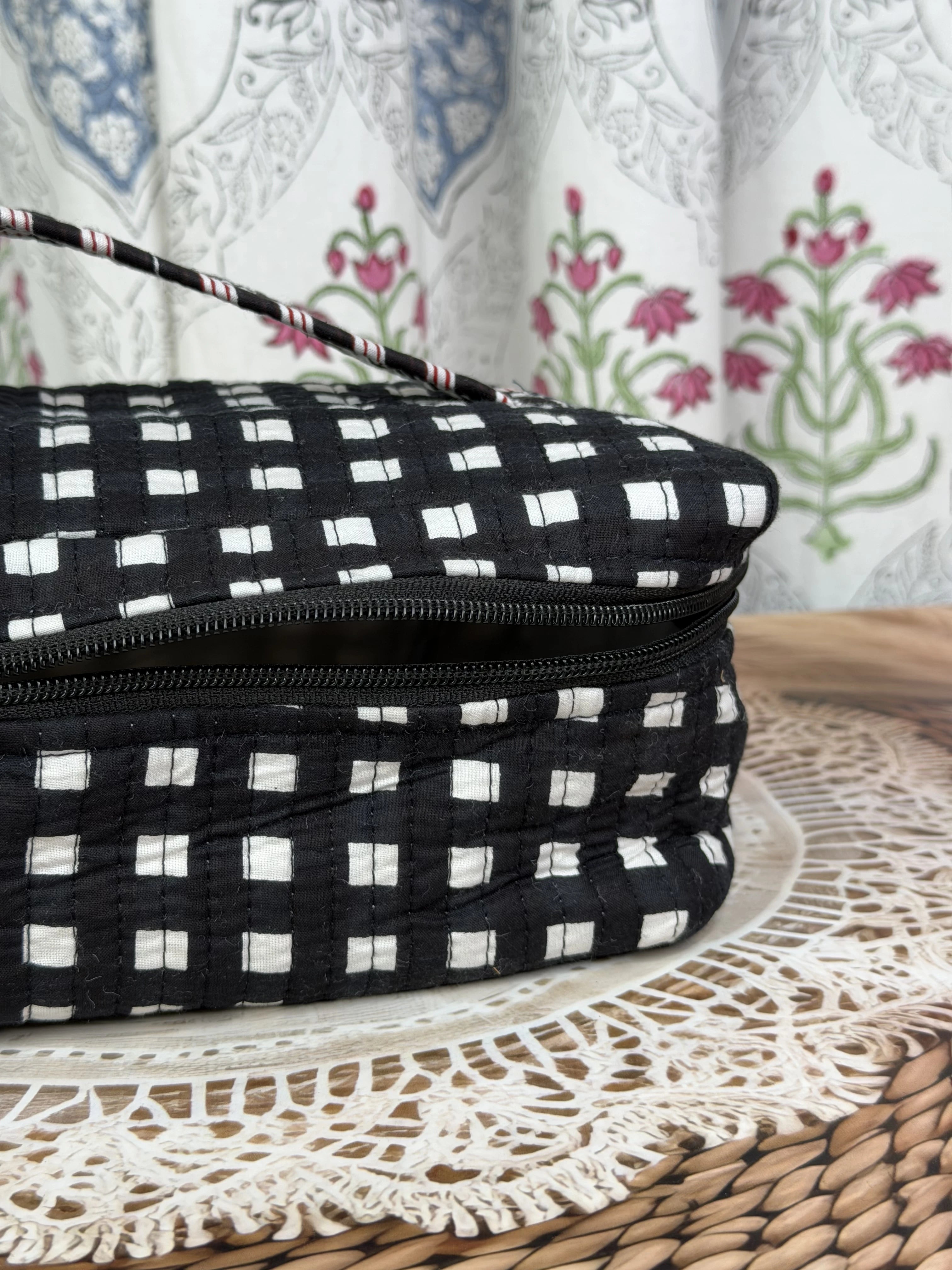 Jaipur Block Print Quilted Travel Makeup Bag for Boys - Black and White Check Back View