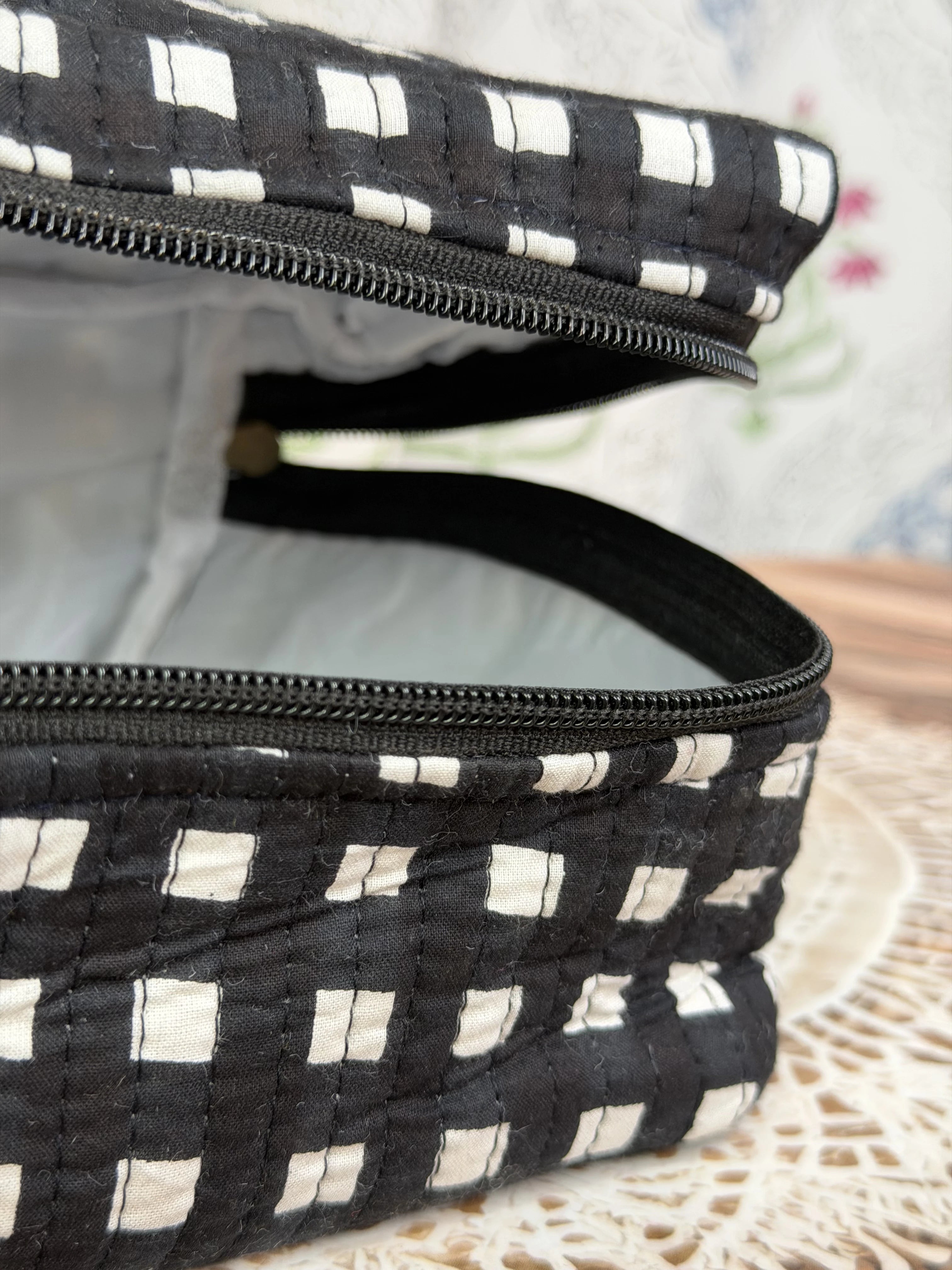 Jaipur Block Print Quilted Travel Makeup Bag for Boys - Black and White Check Interior View