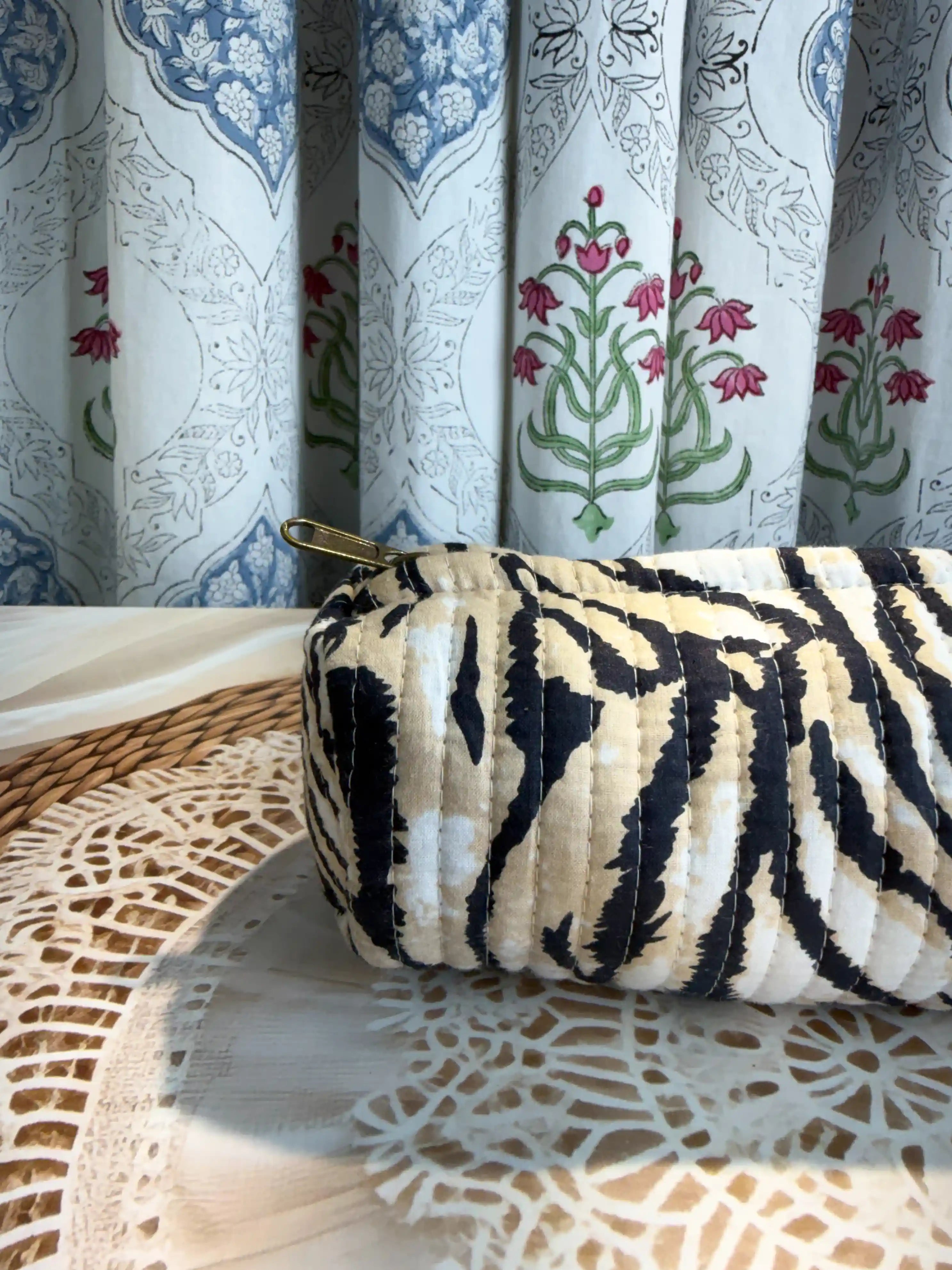 Quilted cotton pencil pouch with black and white striped  animal print Jaipuri hand  block print, long shape, zip closure, handcrafted pen pouch for school and office.