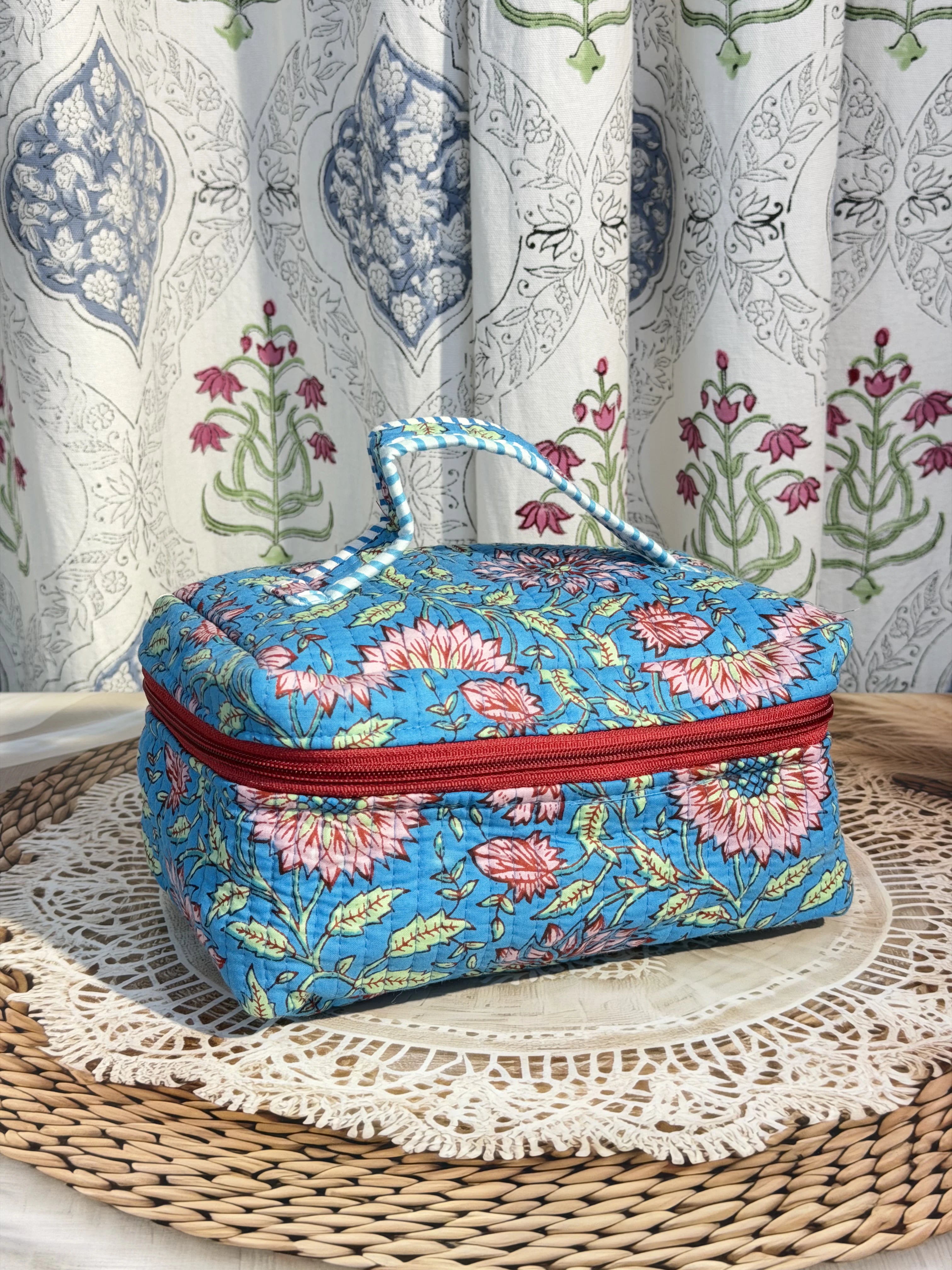 Jaipur Block Print Quilted Travel Makeup Bag for Women - Blue Floral Front View