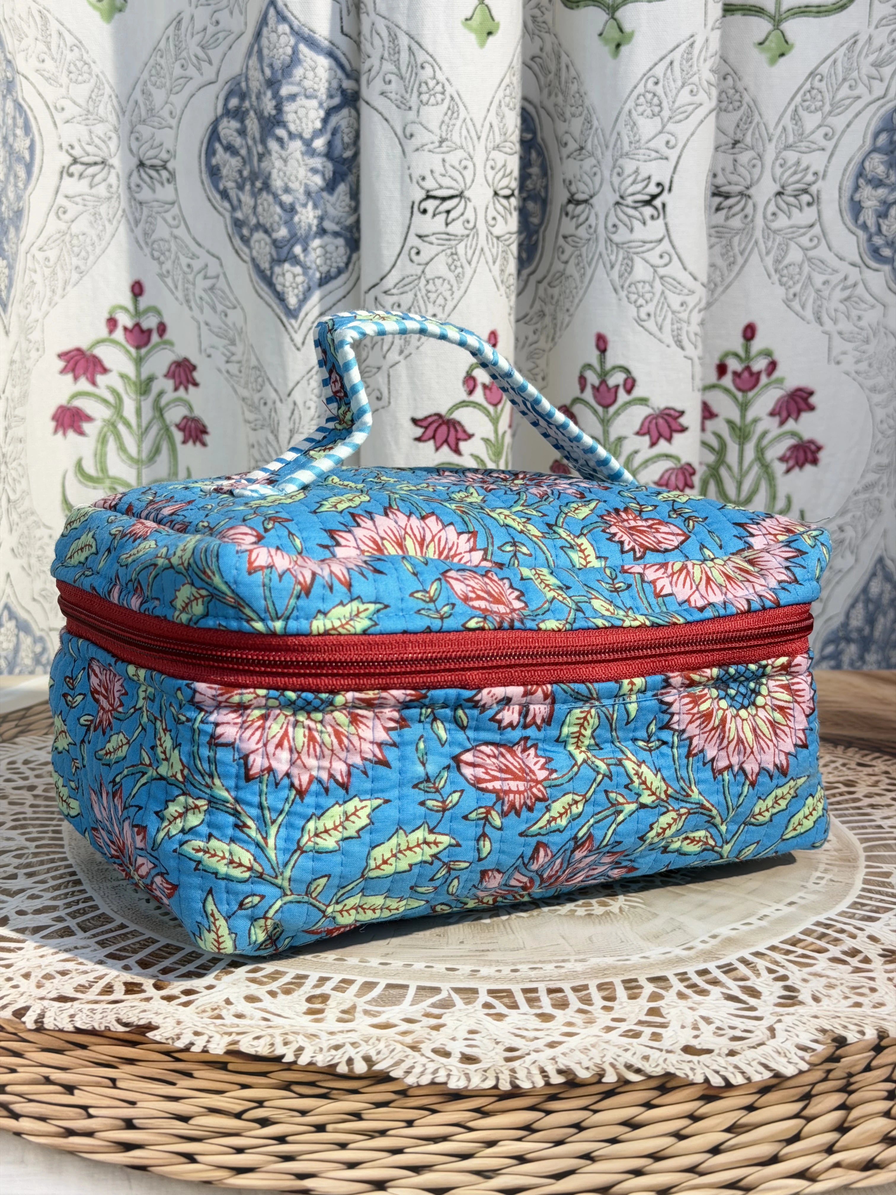 Jaipur Block Print Quilted Travel Makeup Bag for Women - Blue Floral Side View