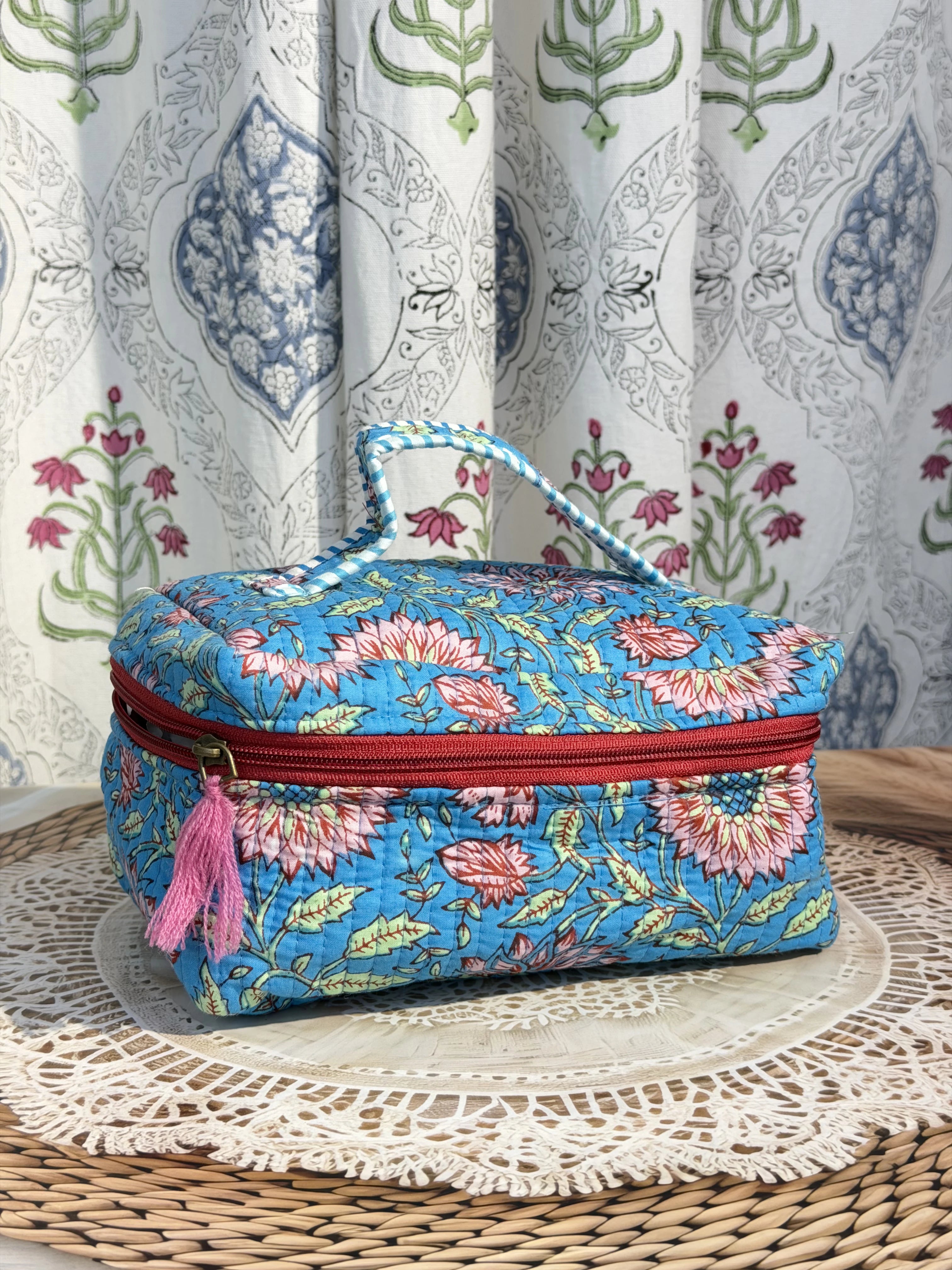 Jaipur Block Print Quilted Travel Makeup Bag for Women - Blue Floral Back View