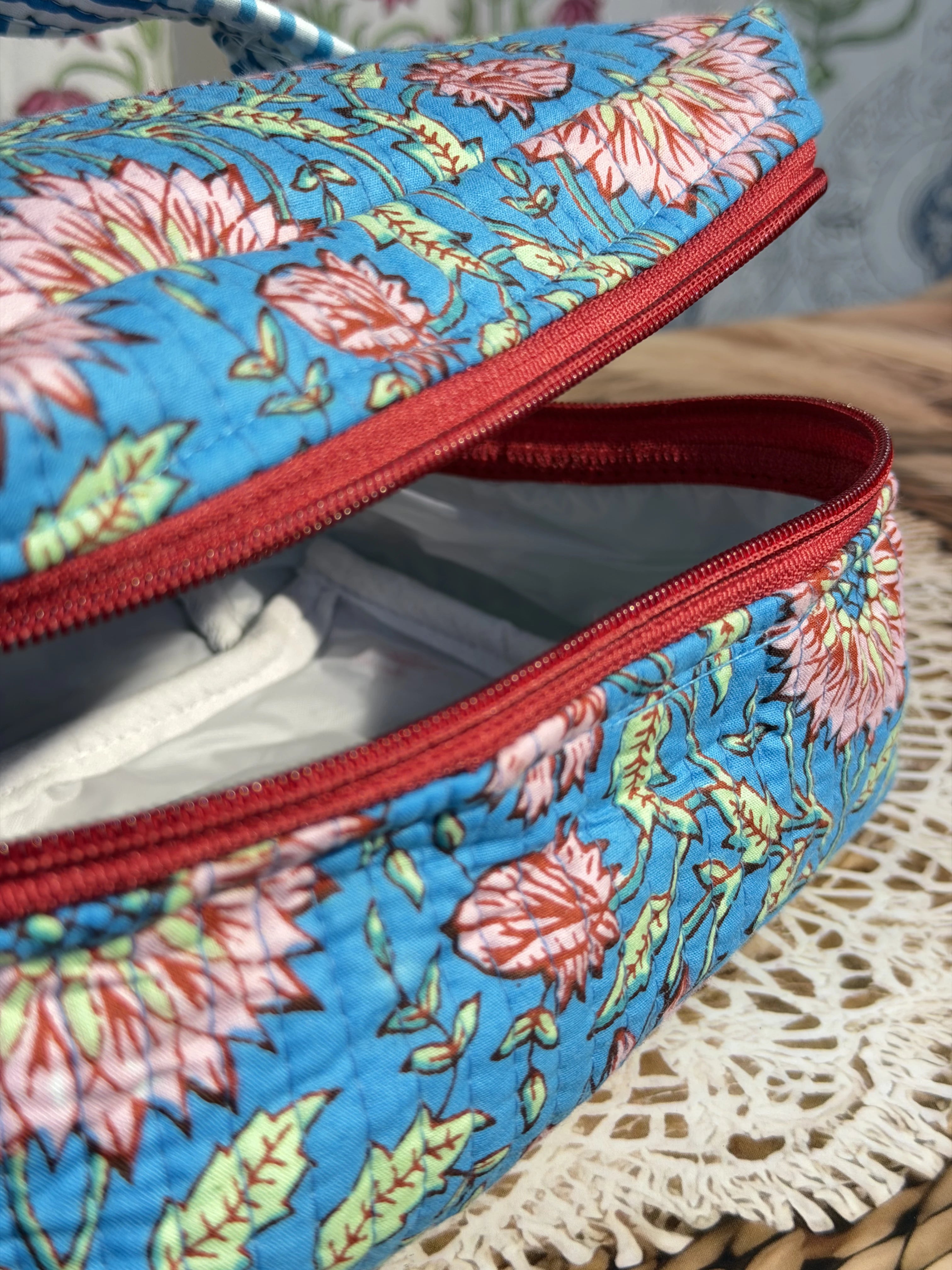 Jaipur Block Print Quilted Travel Makeup Bag for Women - Blue Floral Interior View