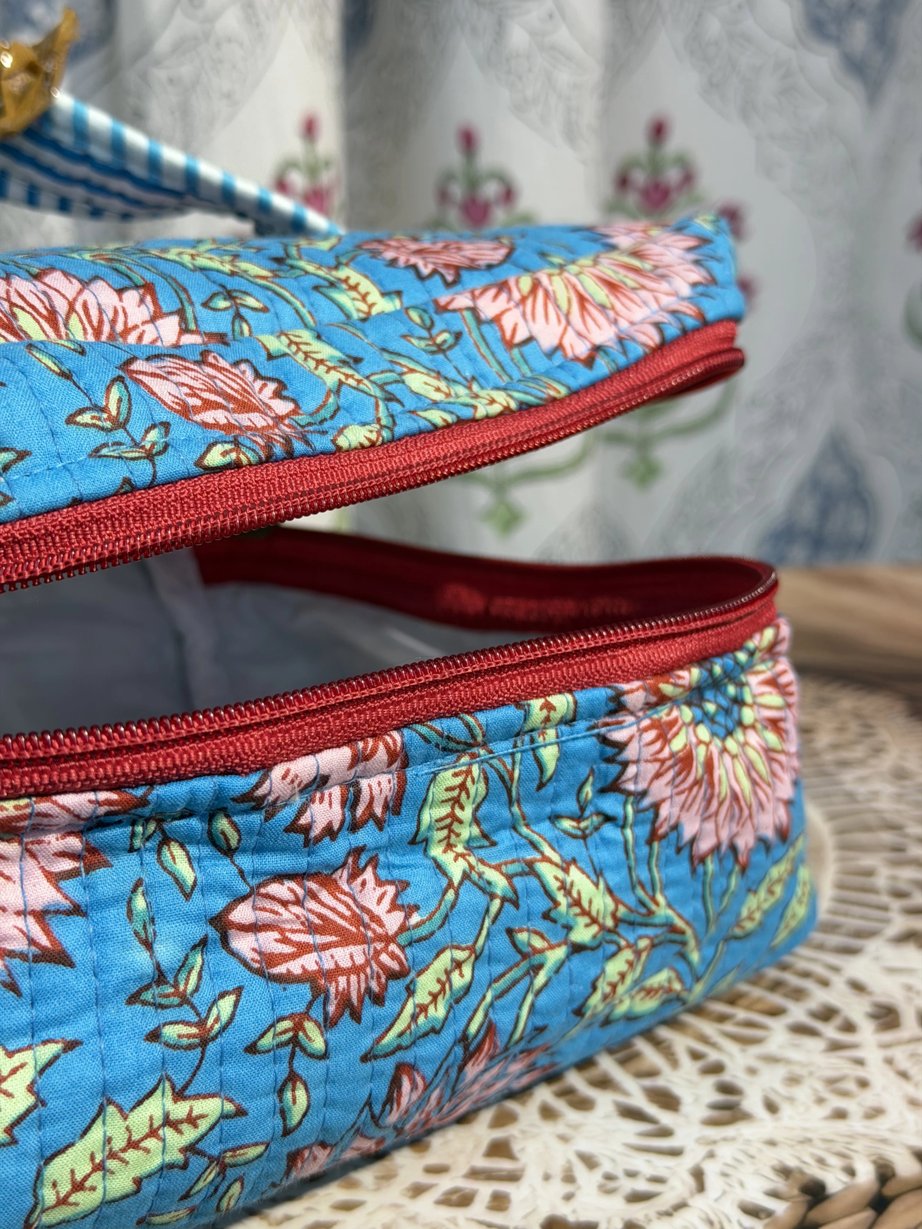 Jaipur Block Print Quilted Travel Makeup Bag for Women - Blue Floral Close-Up View