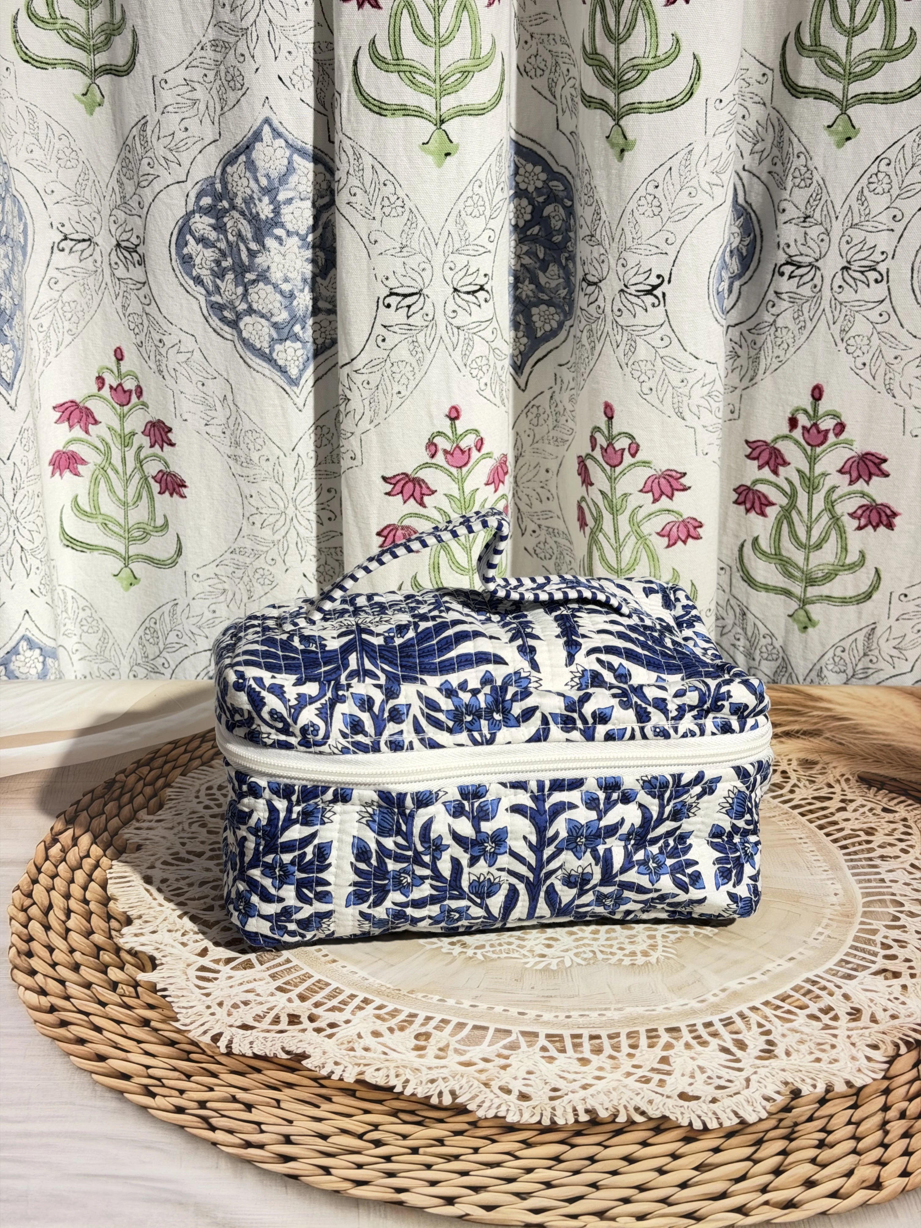 Jaipur Block Print Quilted Travel Makeup Bag for Women - Blue Floral Leaves Front View