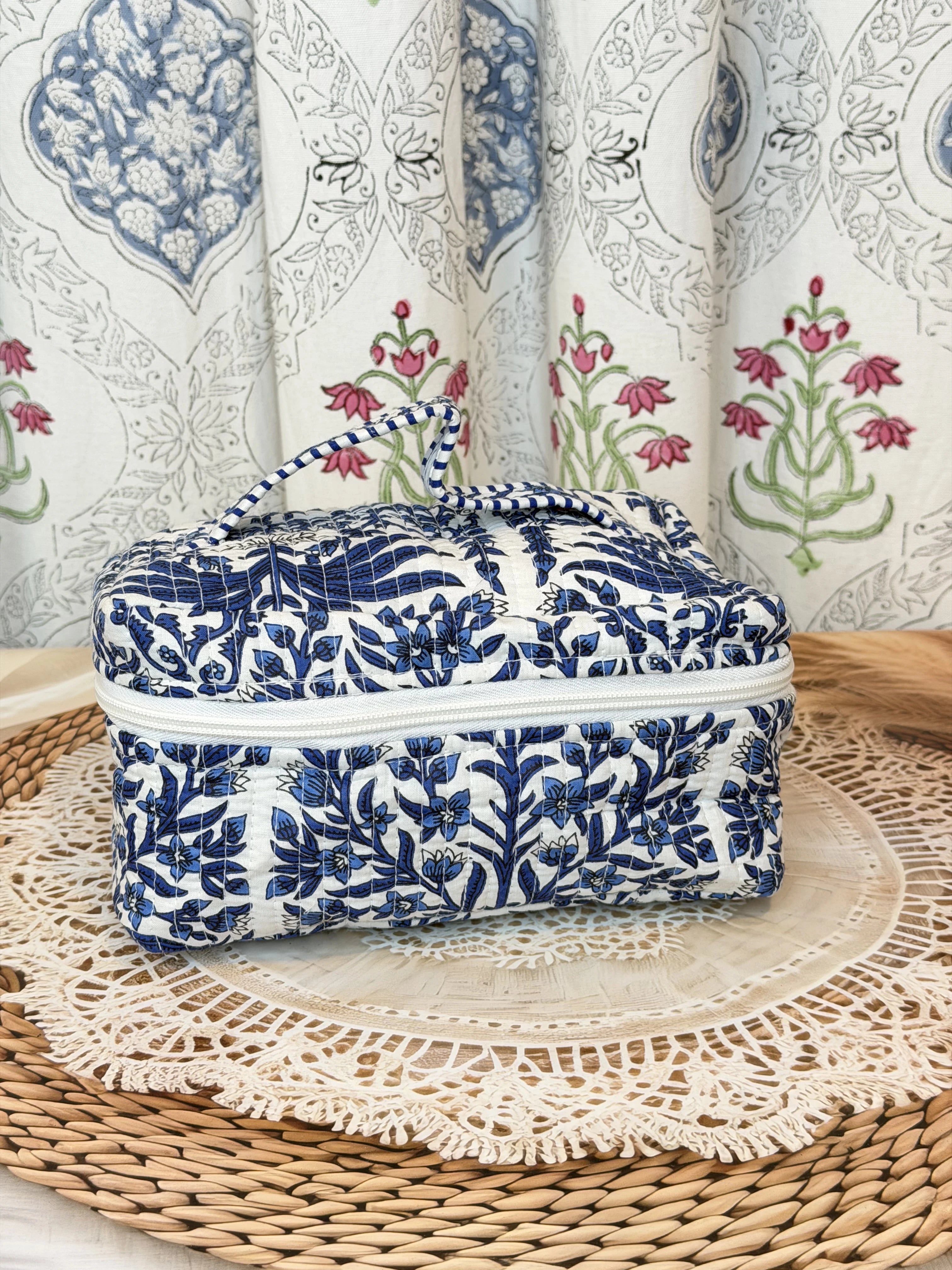 Jaipur Block Print Quilted Travel Makeup Bag for Women - Blue Floral Leaves Side View