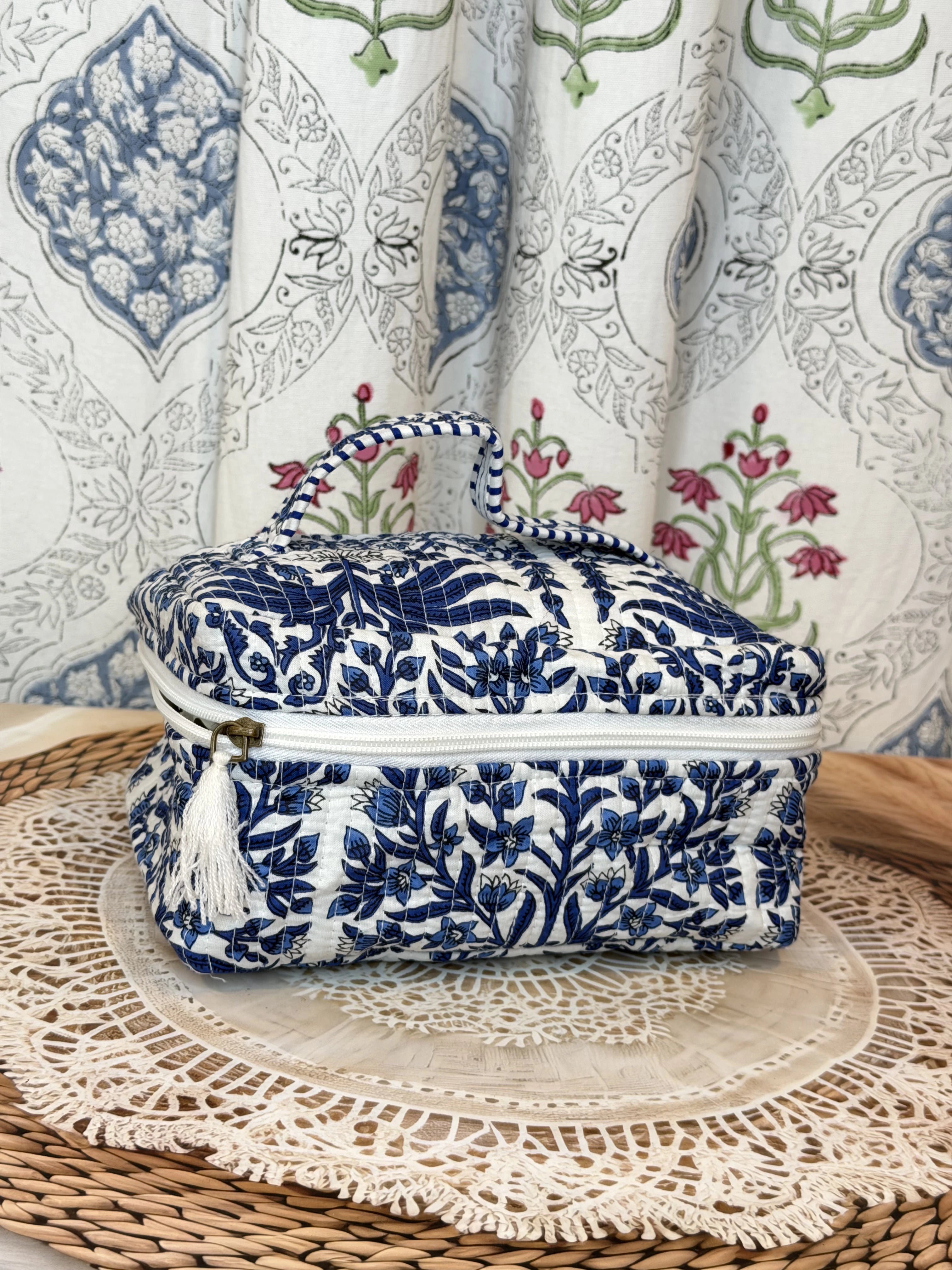 Jaipur Block Print Quilted Travel Makeup Bag for Women - Blue Floral Leaves Back View