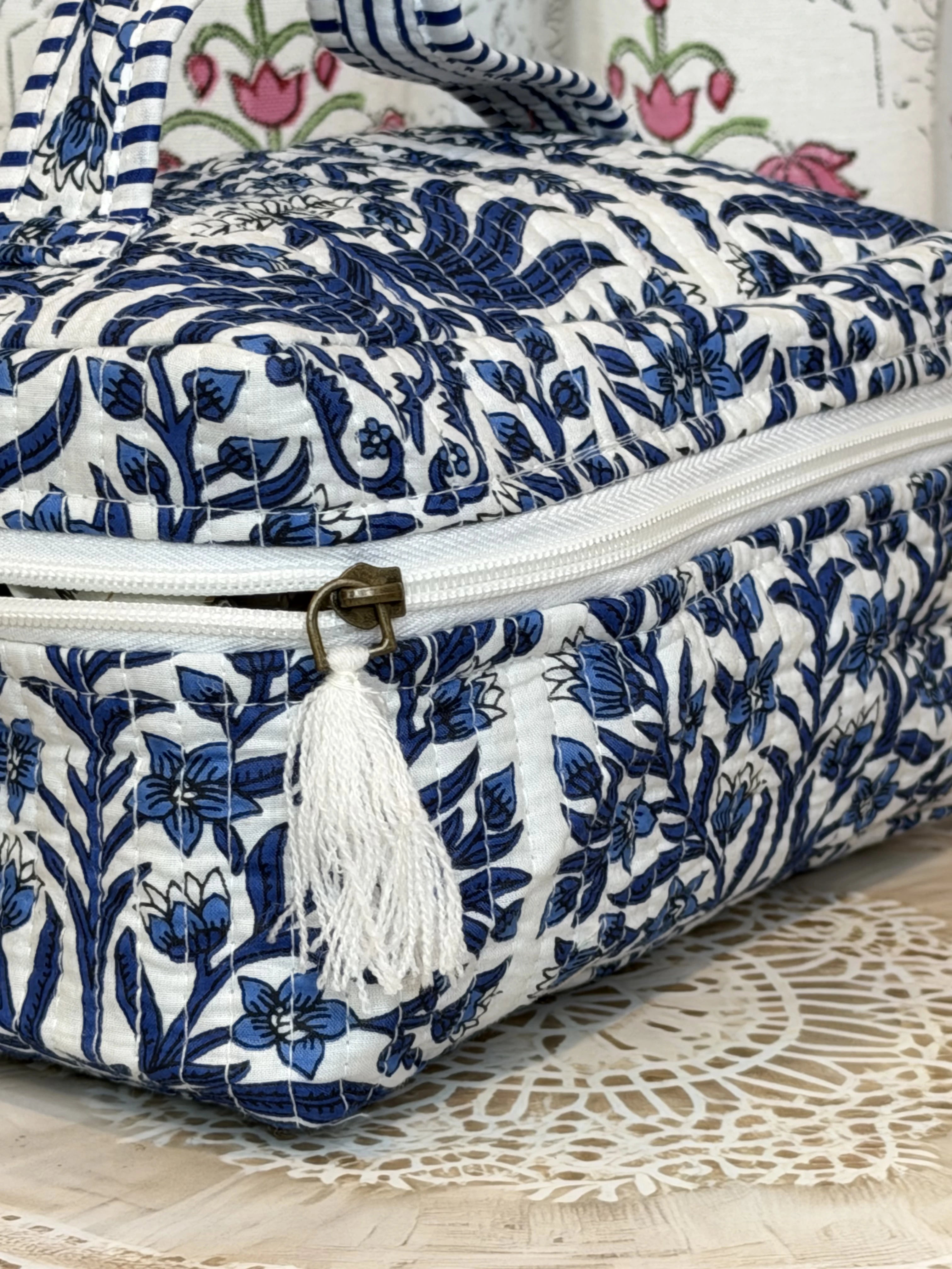 Jaipur Block Print Quilted Travel Makeup Bag for Women - Blue Floral Leaves Close-Up View