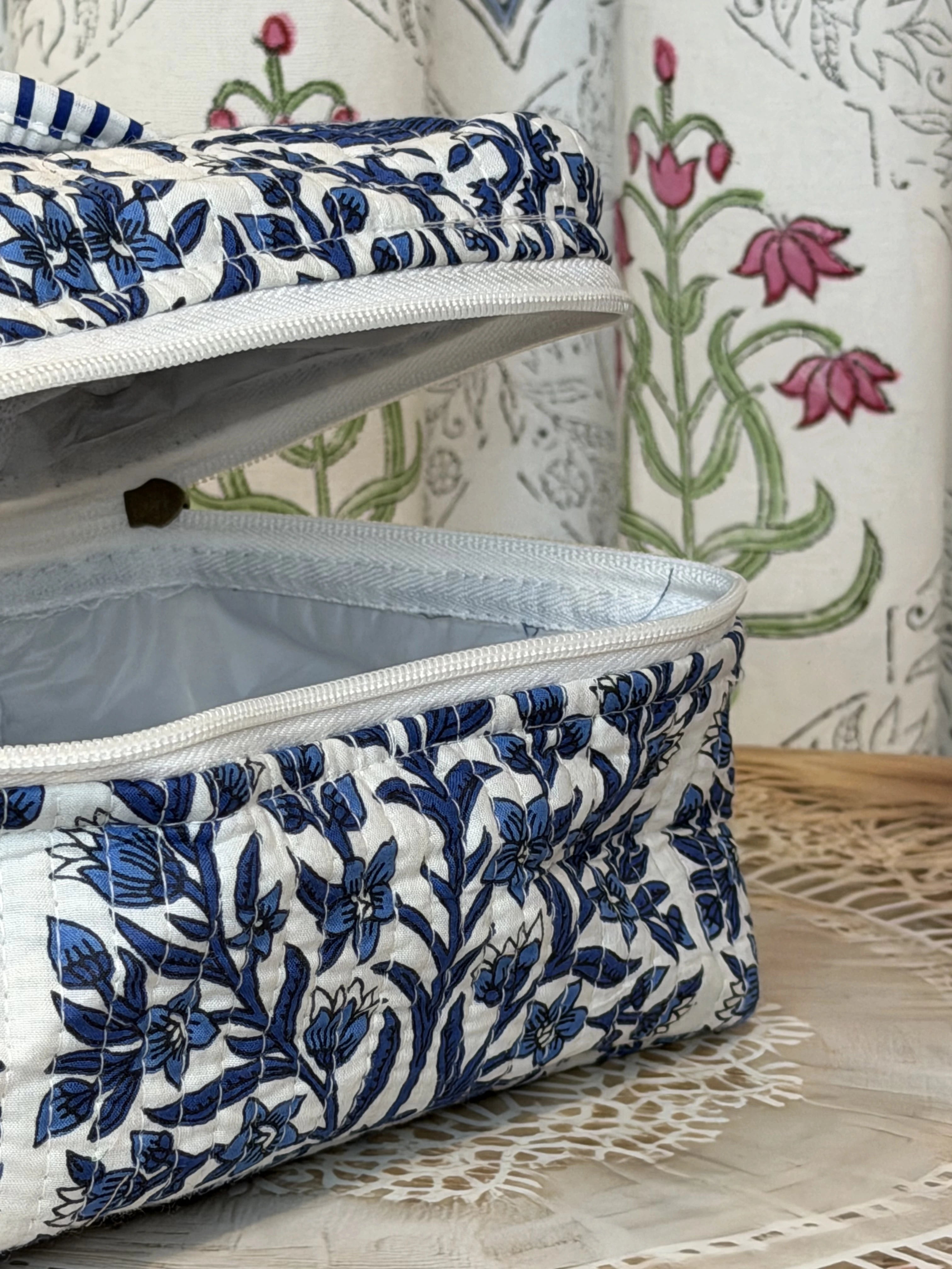Jaipur Block Print Quilted Travel Makeup Bag for Women - Blue Floral Leaves Interior View