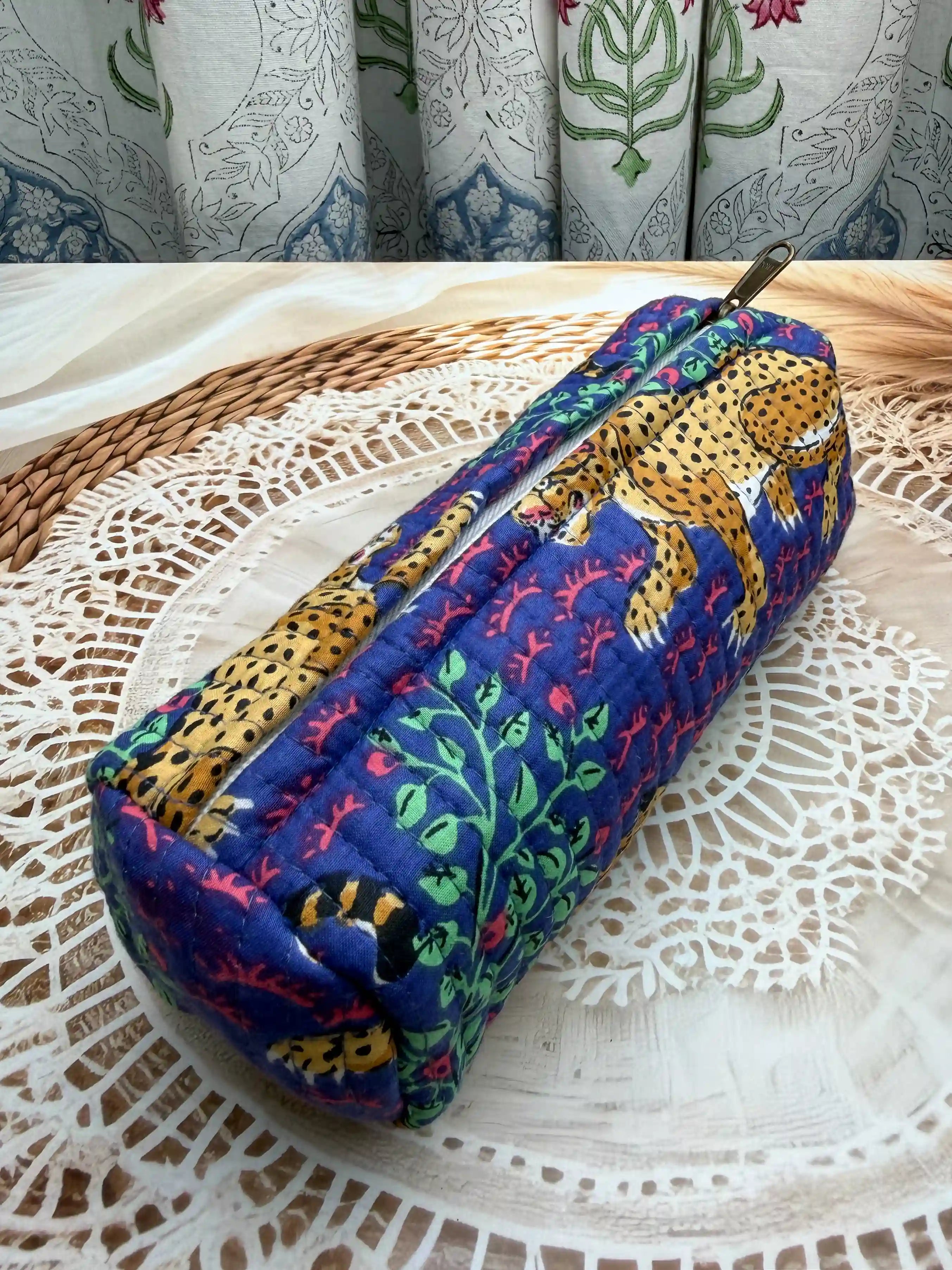 Quilted cotton pencil pouch with blue and gold tiger leaf Jaipuri hand block print, zip closure, handcrafted animal print pen pouch for school, office and travel.