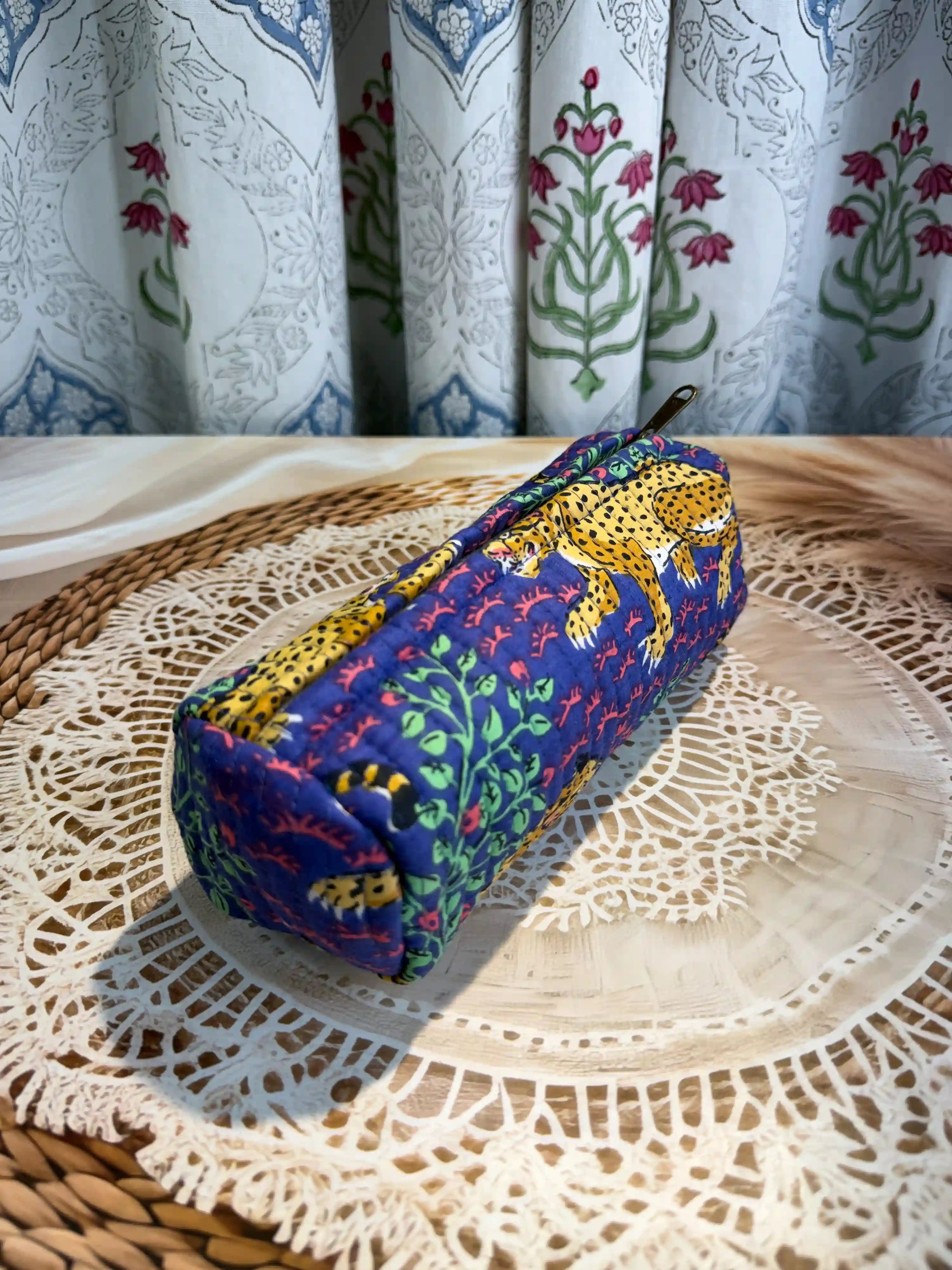 Quilted cotton pencil pouch with blue and gold tiger leaf Jaipuri hand block print, zip closure, handcrafted animal print pen pouch for school, office and travel.