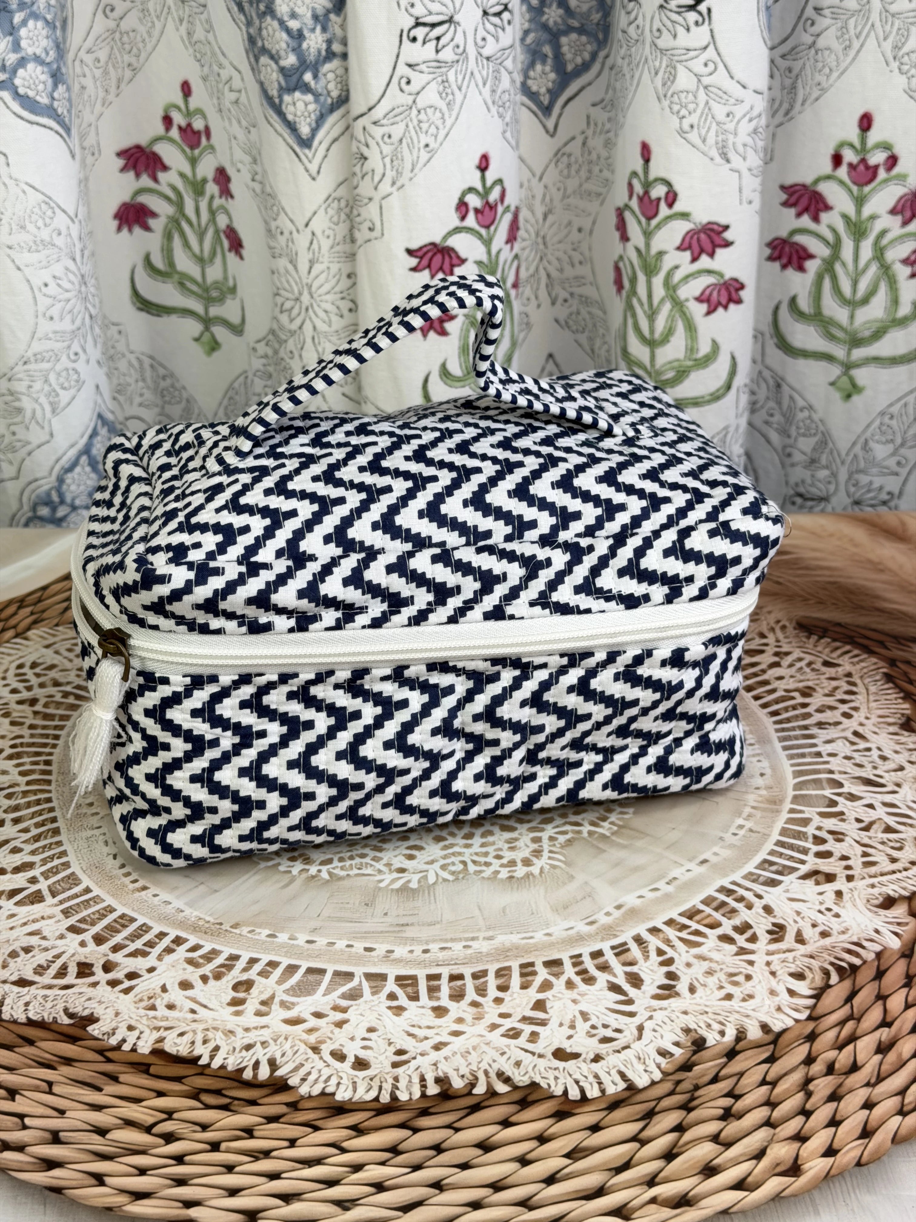 Jaipur Block Print Quilted Travel Makeup Bag for Boys - Blue and White Zigzag Front View