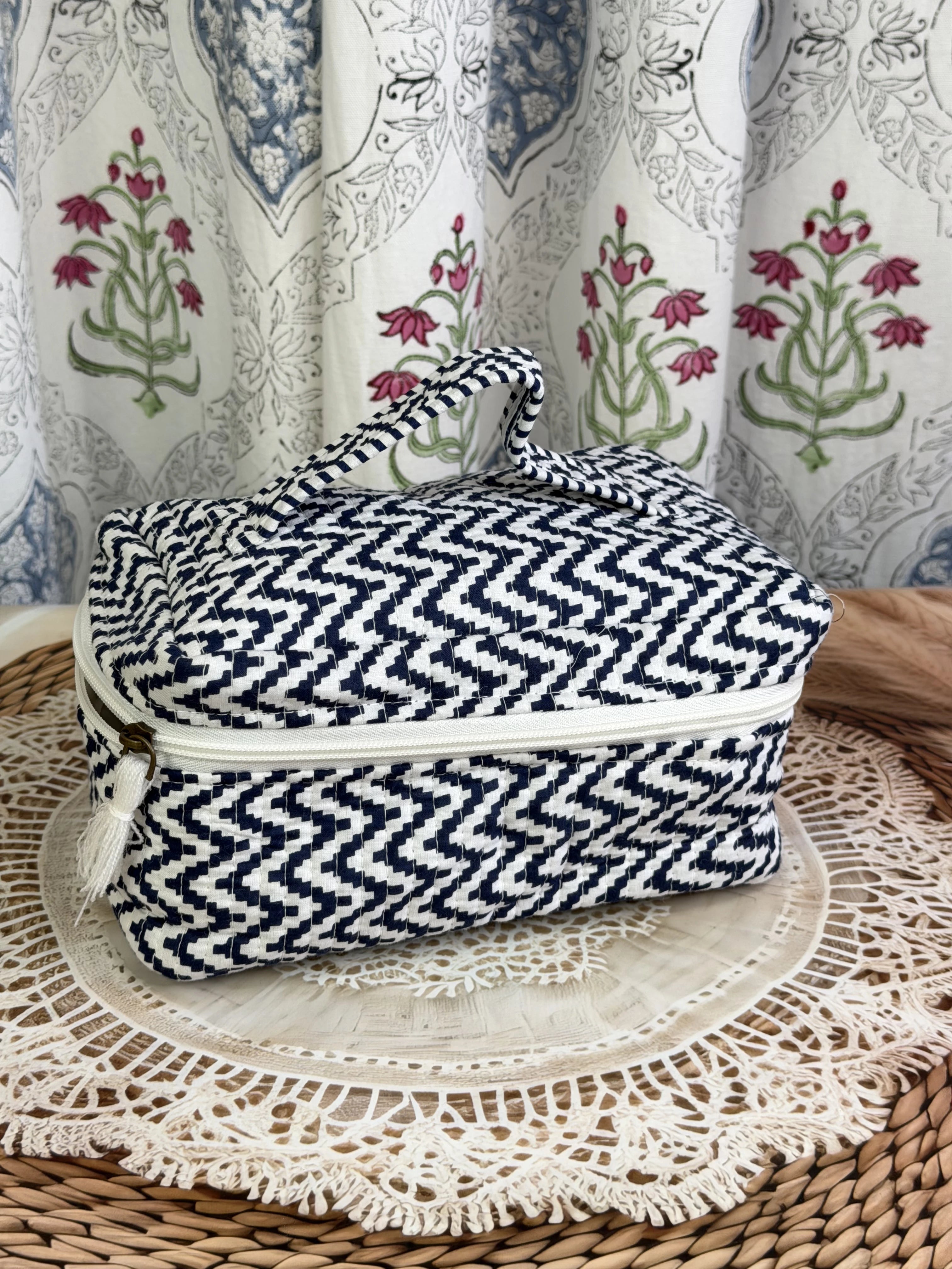 Jaipur Block Print Quilted Travel Makeup Bag for Boys - Blue and White Zigzag Side View