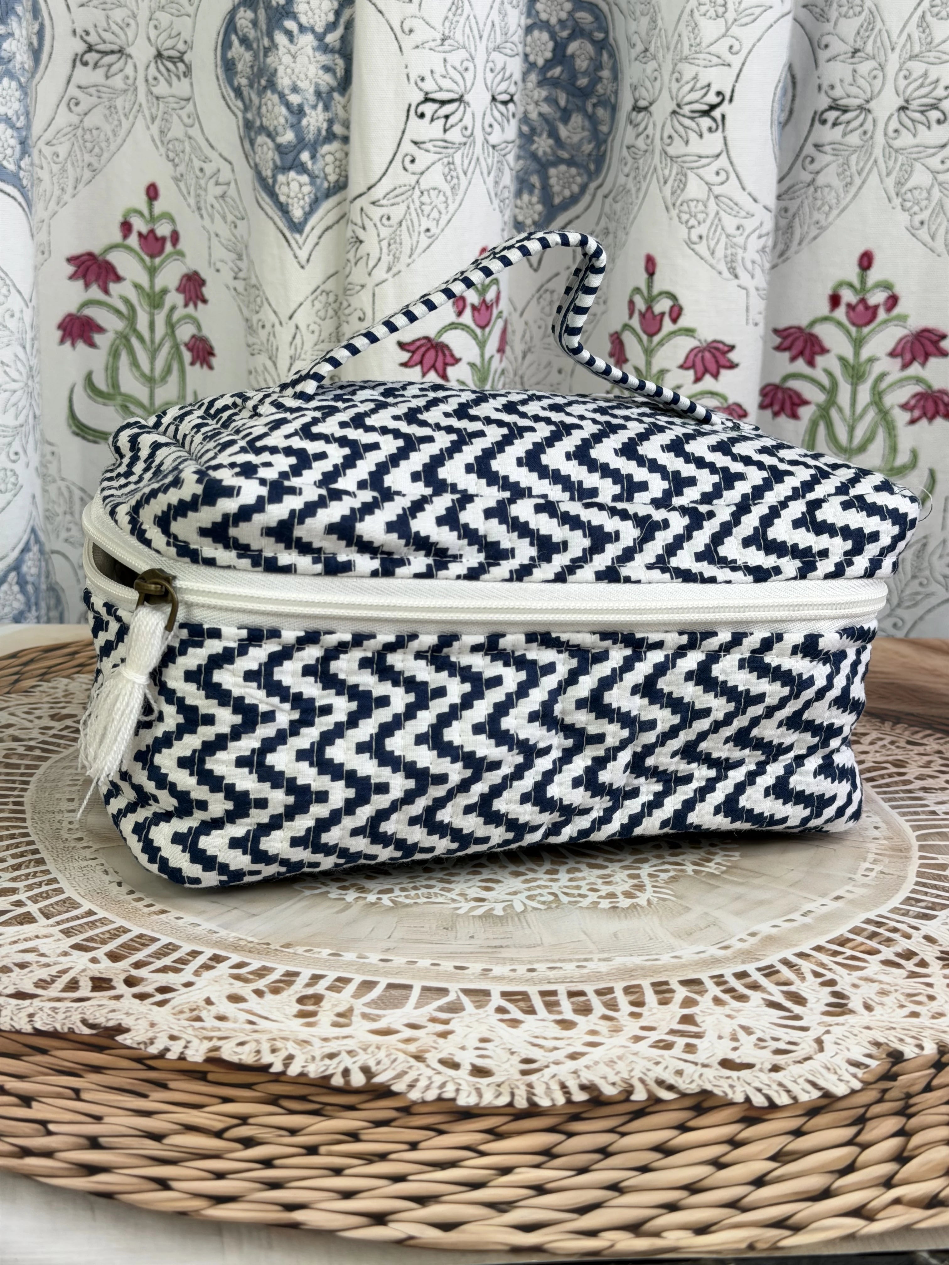 Jaipur Block Print Quilted Travel Makeup Bag for Boys - Blue and White Zigzag Back View