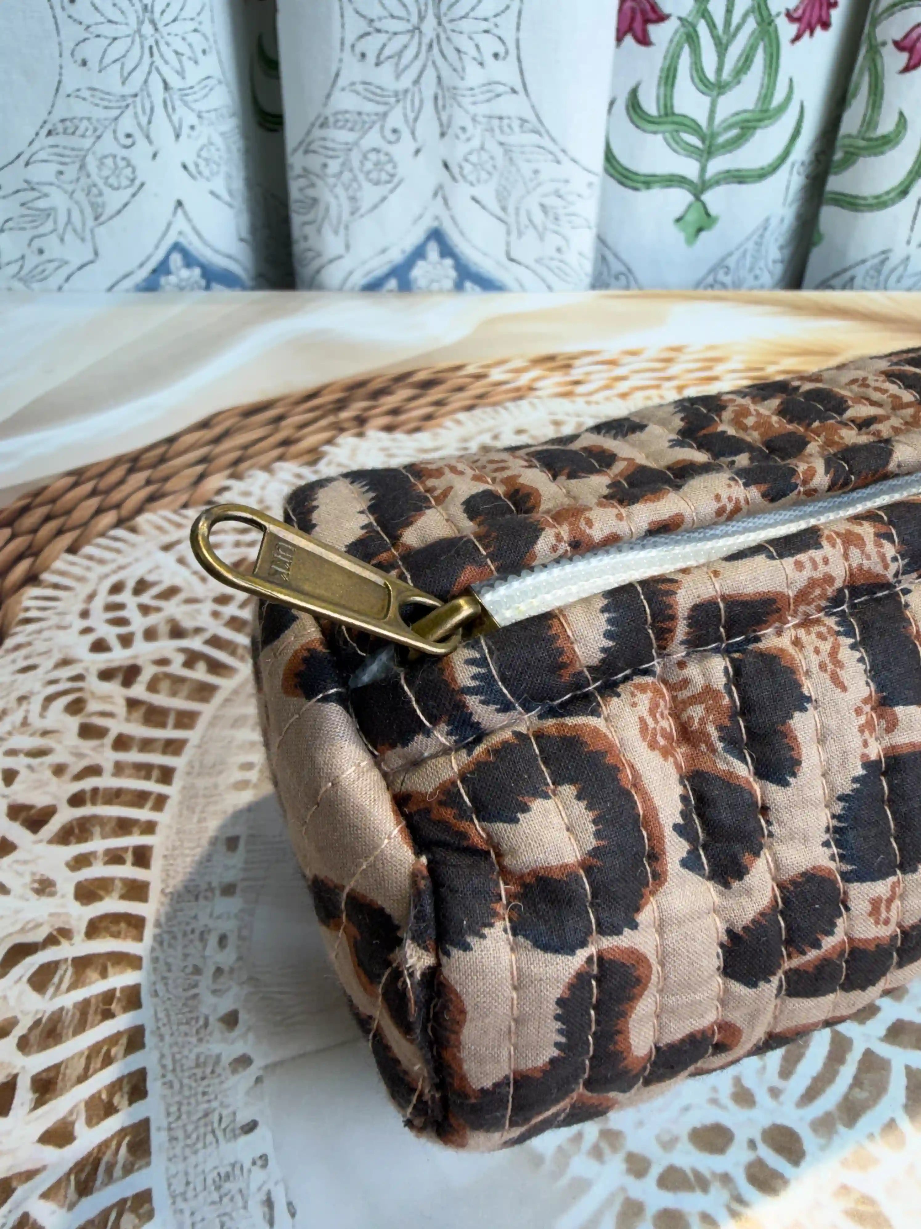 Quilted cotton leopard print pencil pouch with brown Jaipuri hand block print, zip closure, handmade leopard animal print pen case for school and office stationery