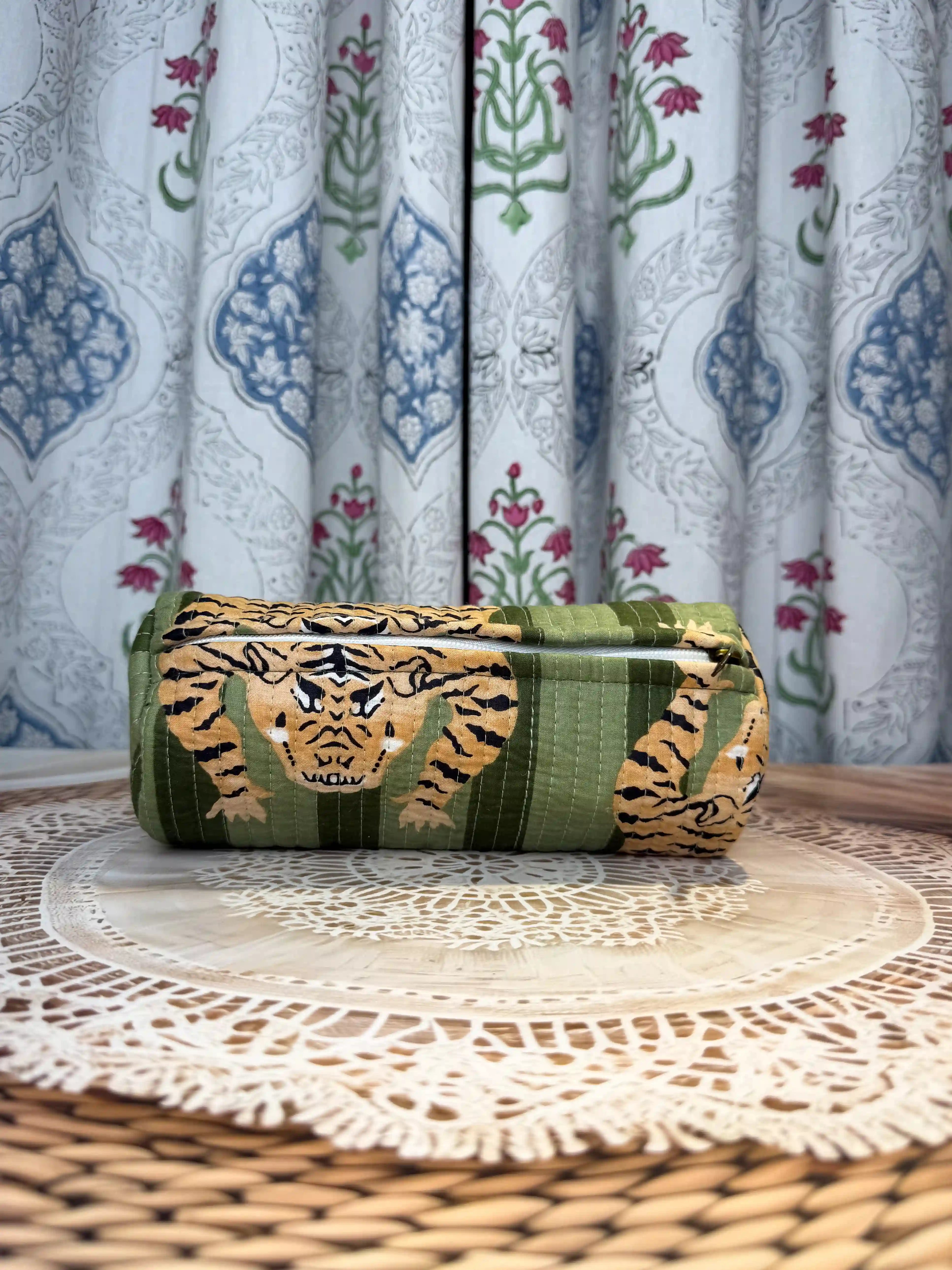 Quilted cotton tiger print pencil pouch with green and gold Jaipuri hand block print, zip closure, handmade tiger animal print pen pouch for school and office.