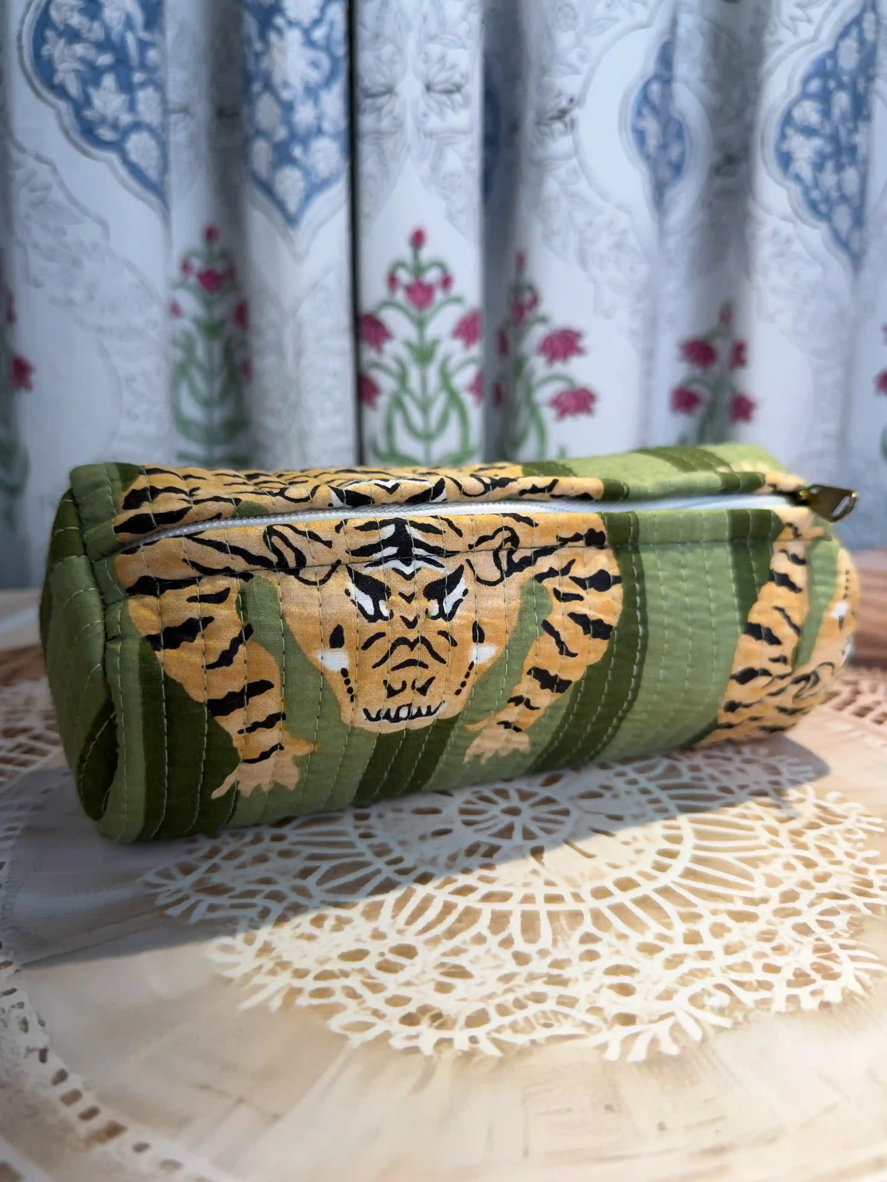 Quilted cotton tiger print pencil pouch with green and gold Jaipuri hand block print, zip closure, handmade tiger animal print pen pouch for school and office.