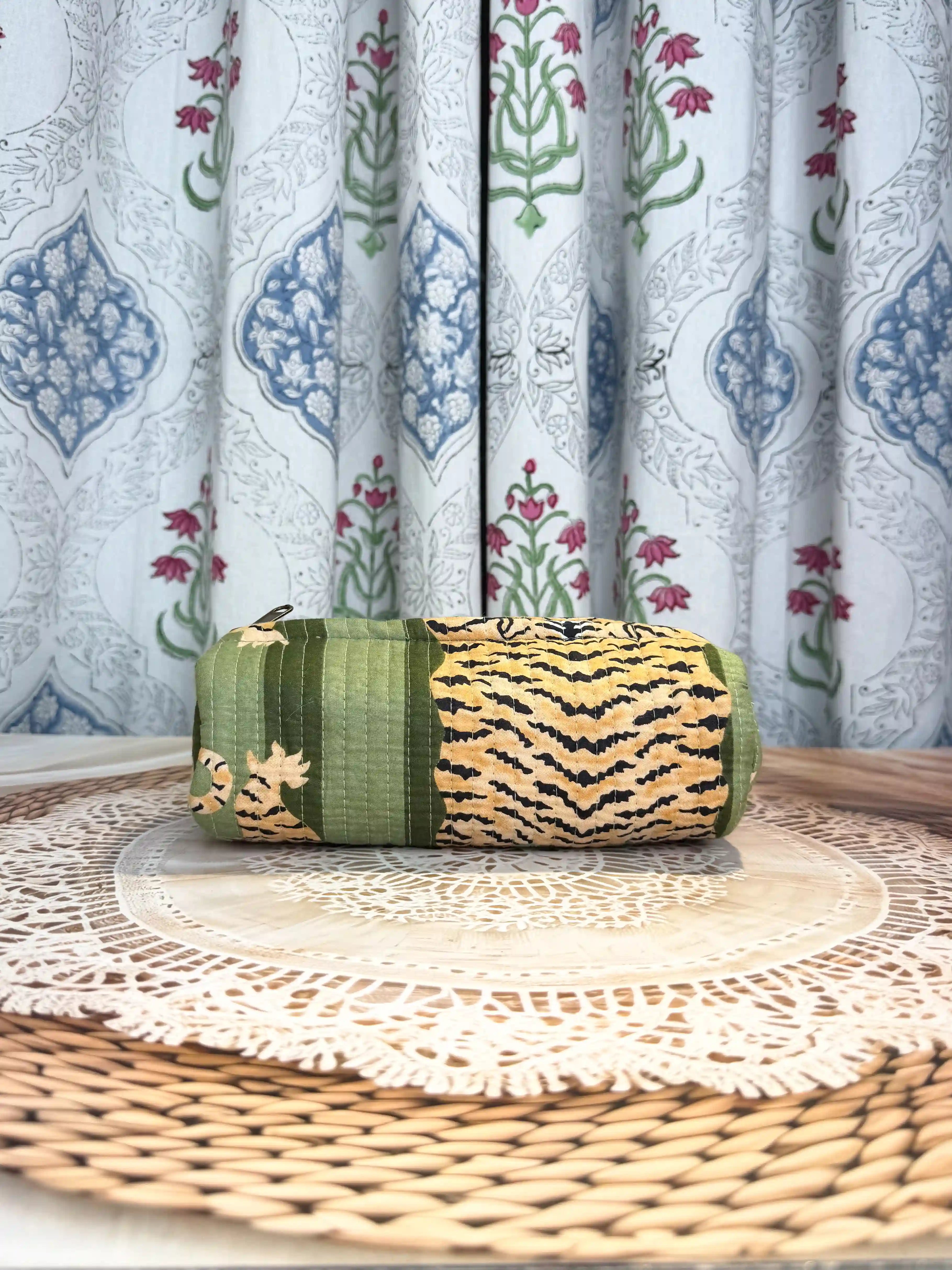 Quilted cotton tiger print pencil pouch with green and gold Jaipuri hand block print, zip closure, handmade tiger animal print pen pouch for school and office.