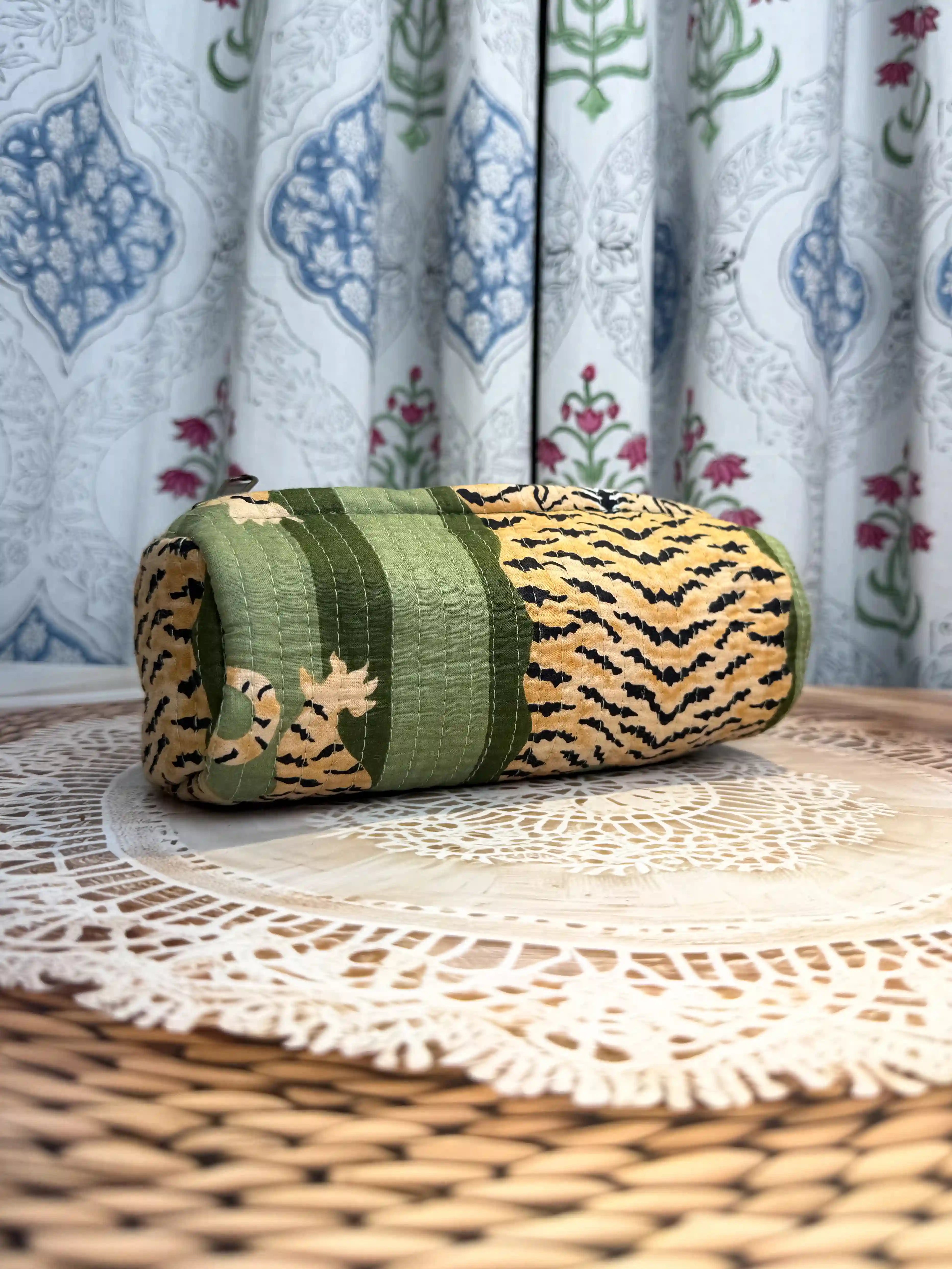 Quilted cotton tiger print pencil pouch with green and gold Jaipuri hand block print, zip closure, handmade tiger animal print pen pouch for school and office.