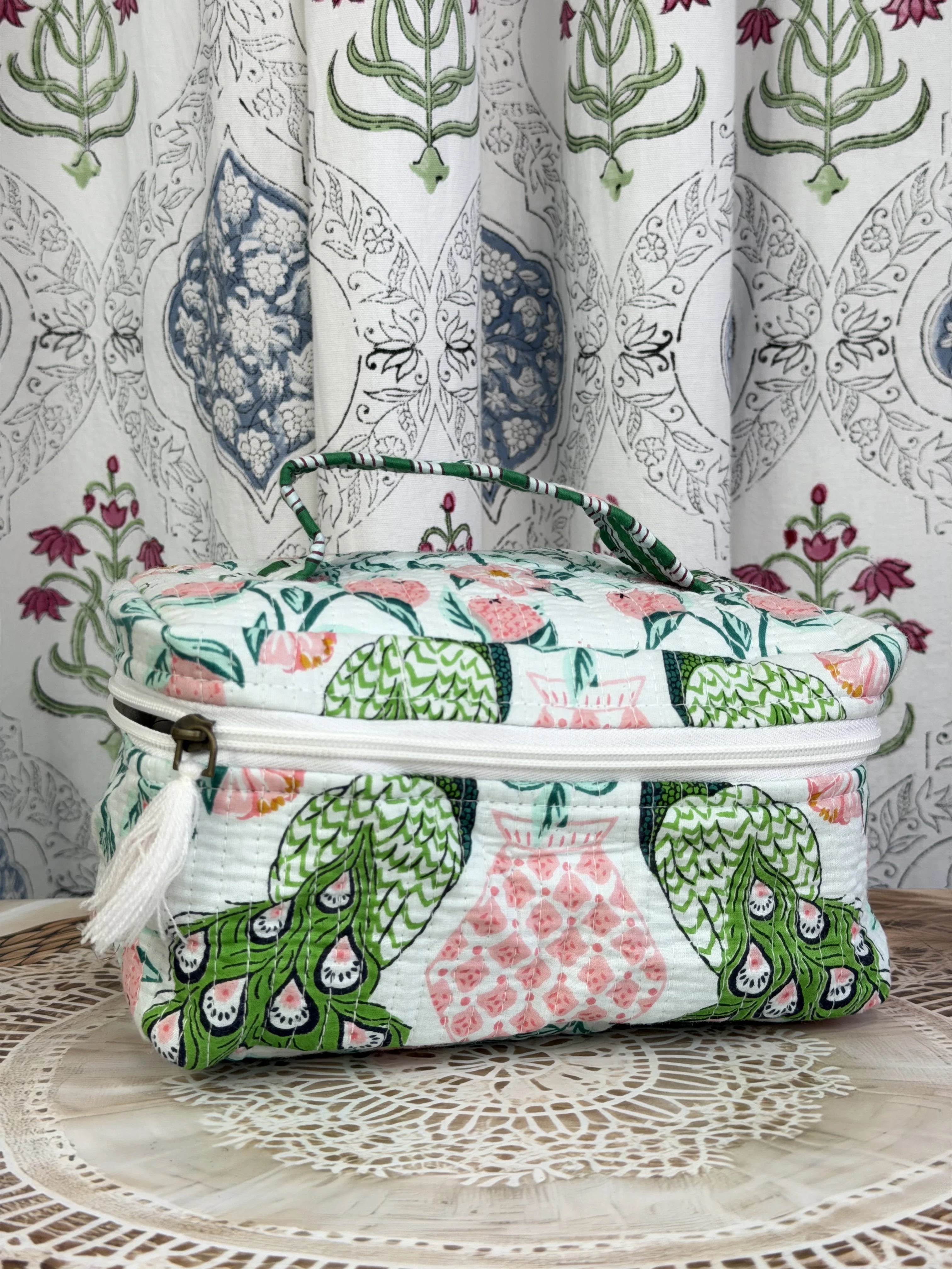 Jaipur Block Print Quilted Travel Makeup Bag for Women - Green and Pink Peacock Front View