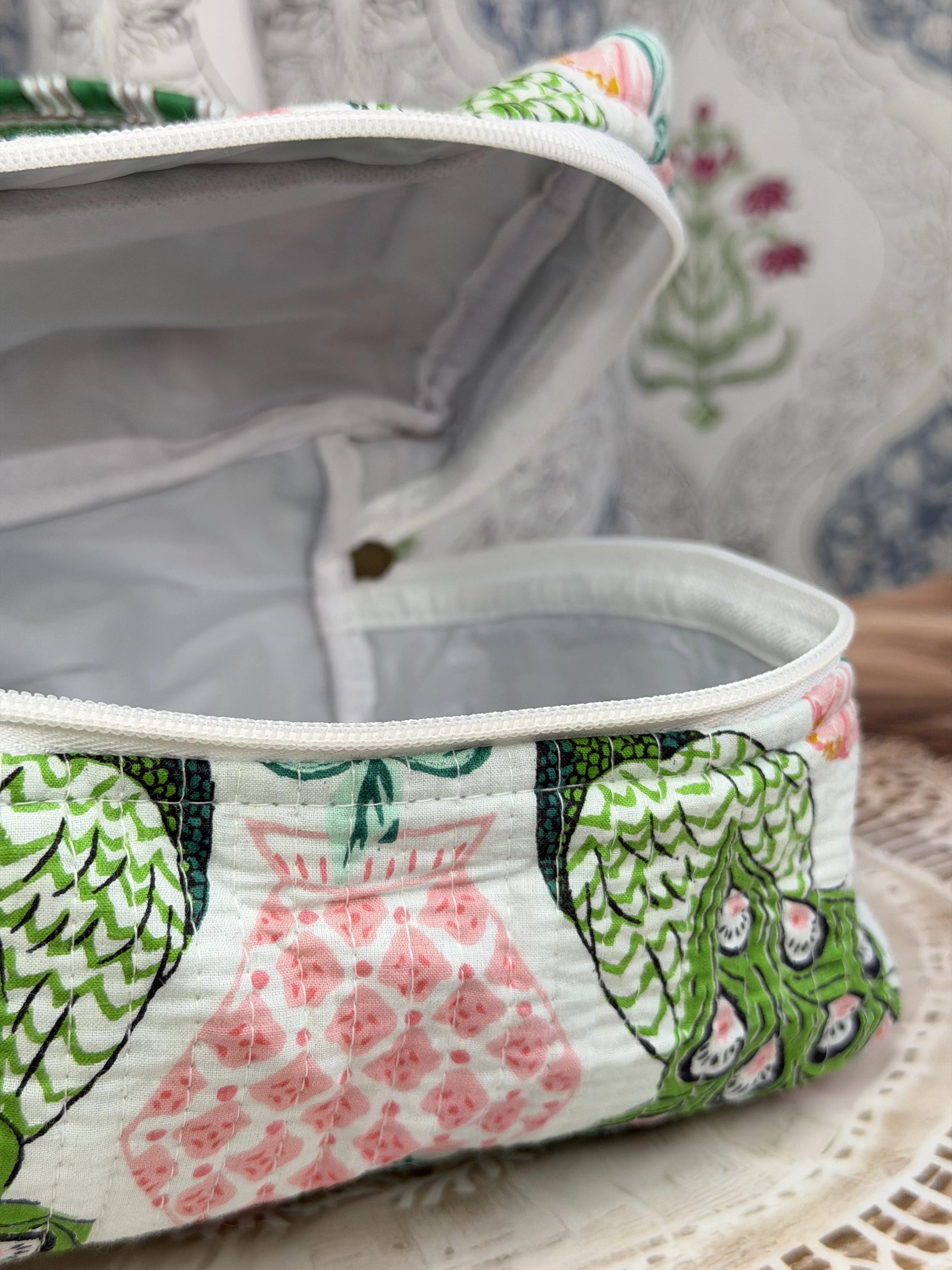 Jaipur Block Print Quilted Travel Makeup Bag for Women - Green and Pink Peacock Interior View