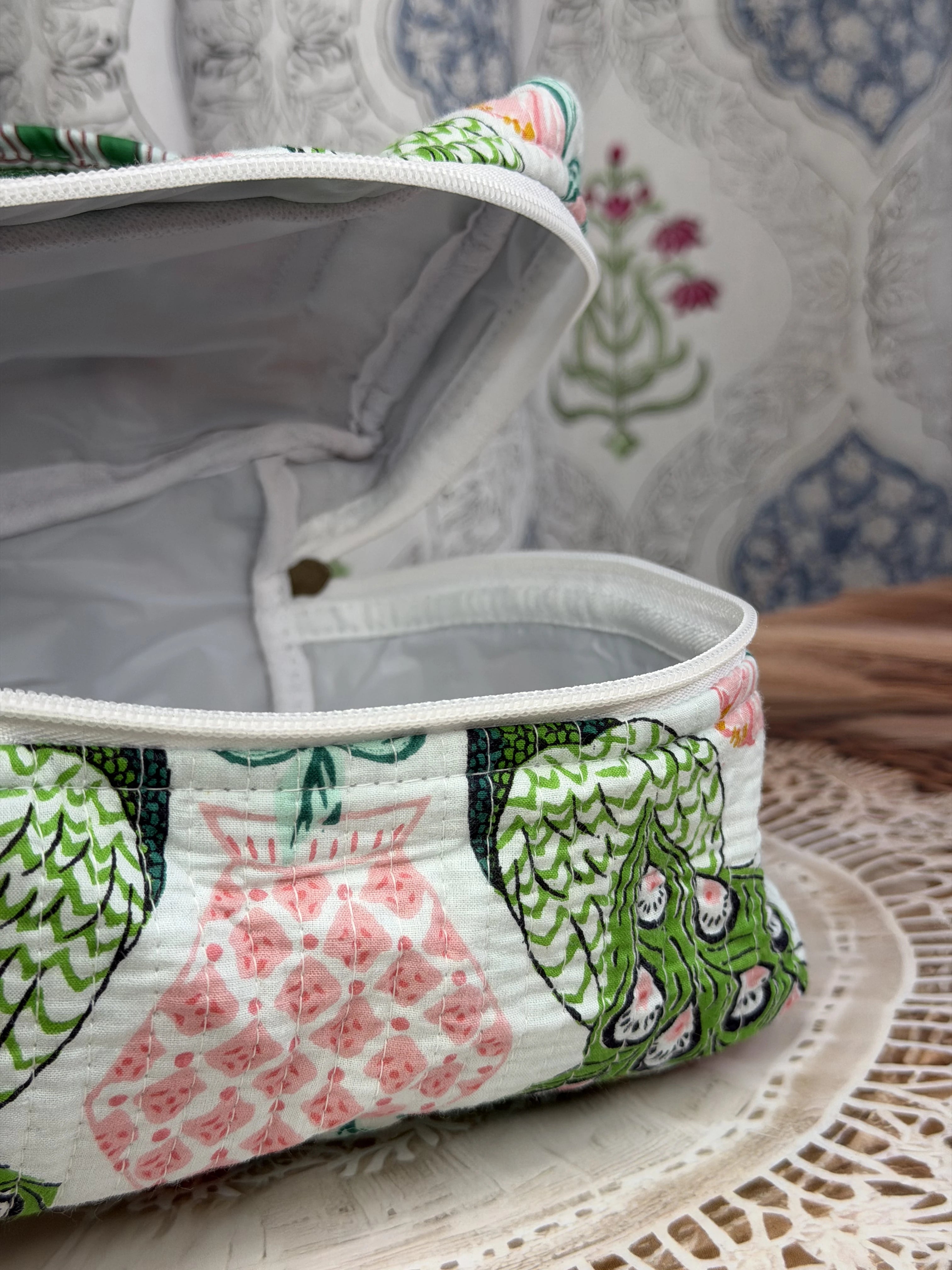 Jaipur Block Print Quilted Travel Makeup Bag for Women - Green and Pink Peacock Close-Up View