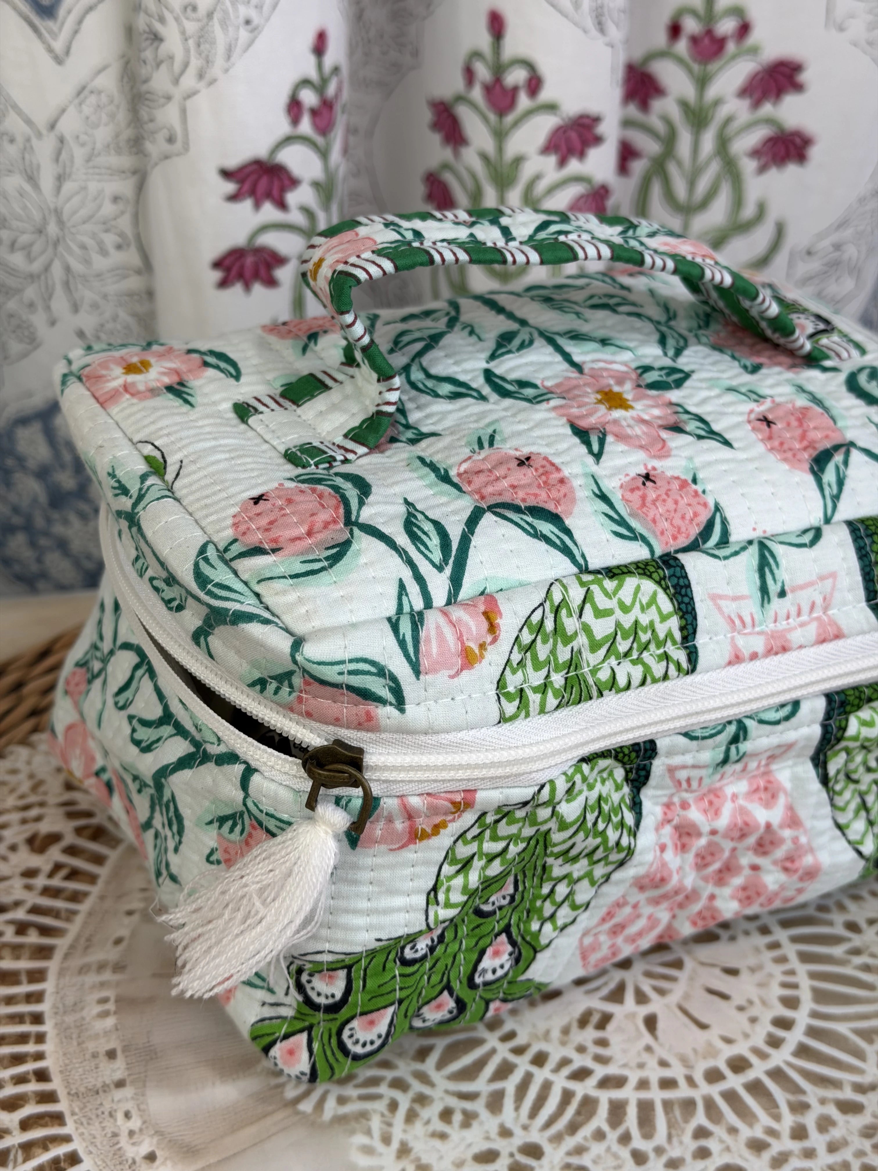 Jaipur Block Print Quilted Travel Makeup Bag for Women - Green and Pink Peacock Side View
