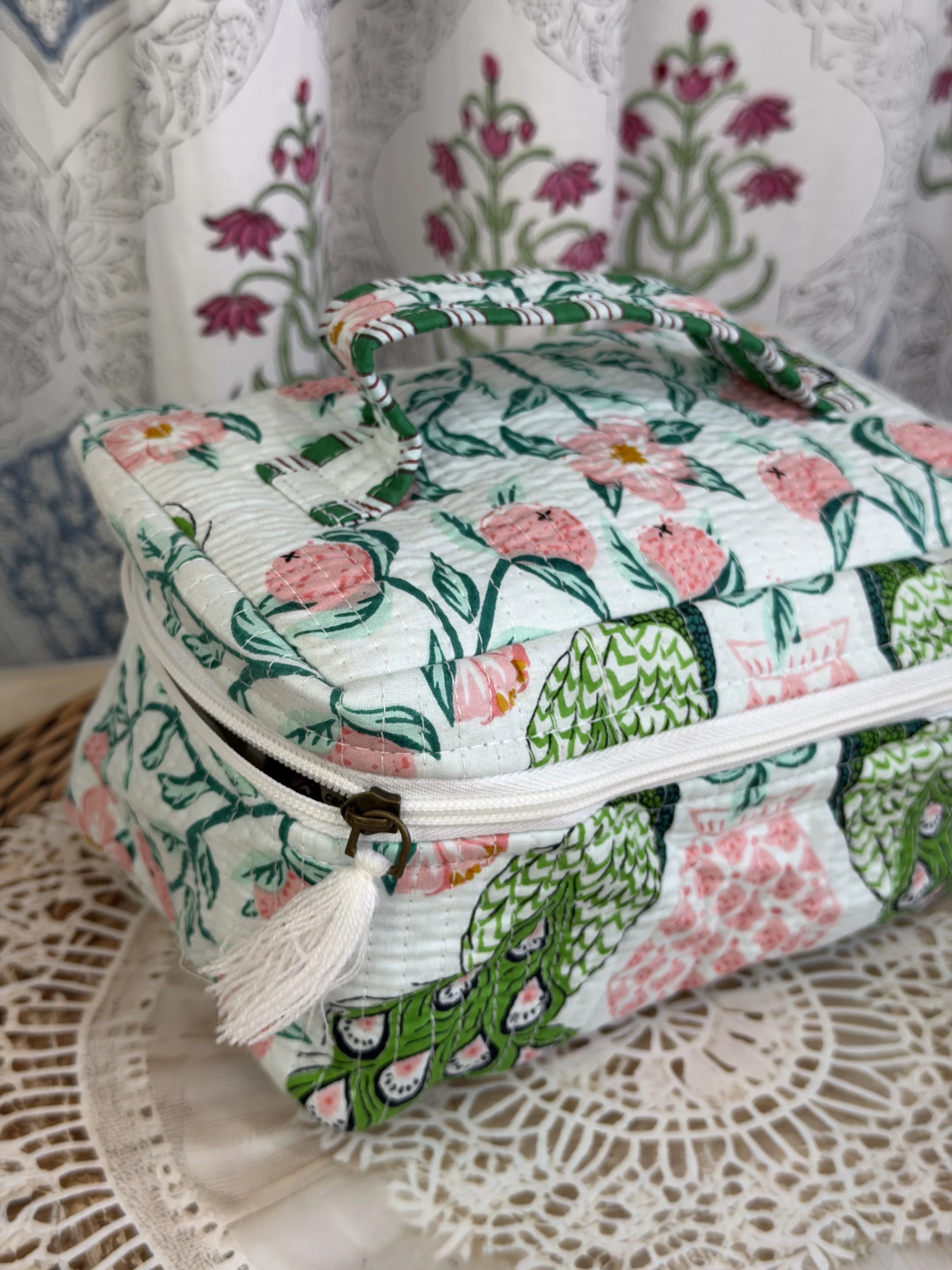 Jaipur Block Print Quilted Travel Makeup Bag for Women - Green and Pink Peacock Back View