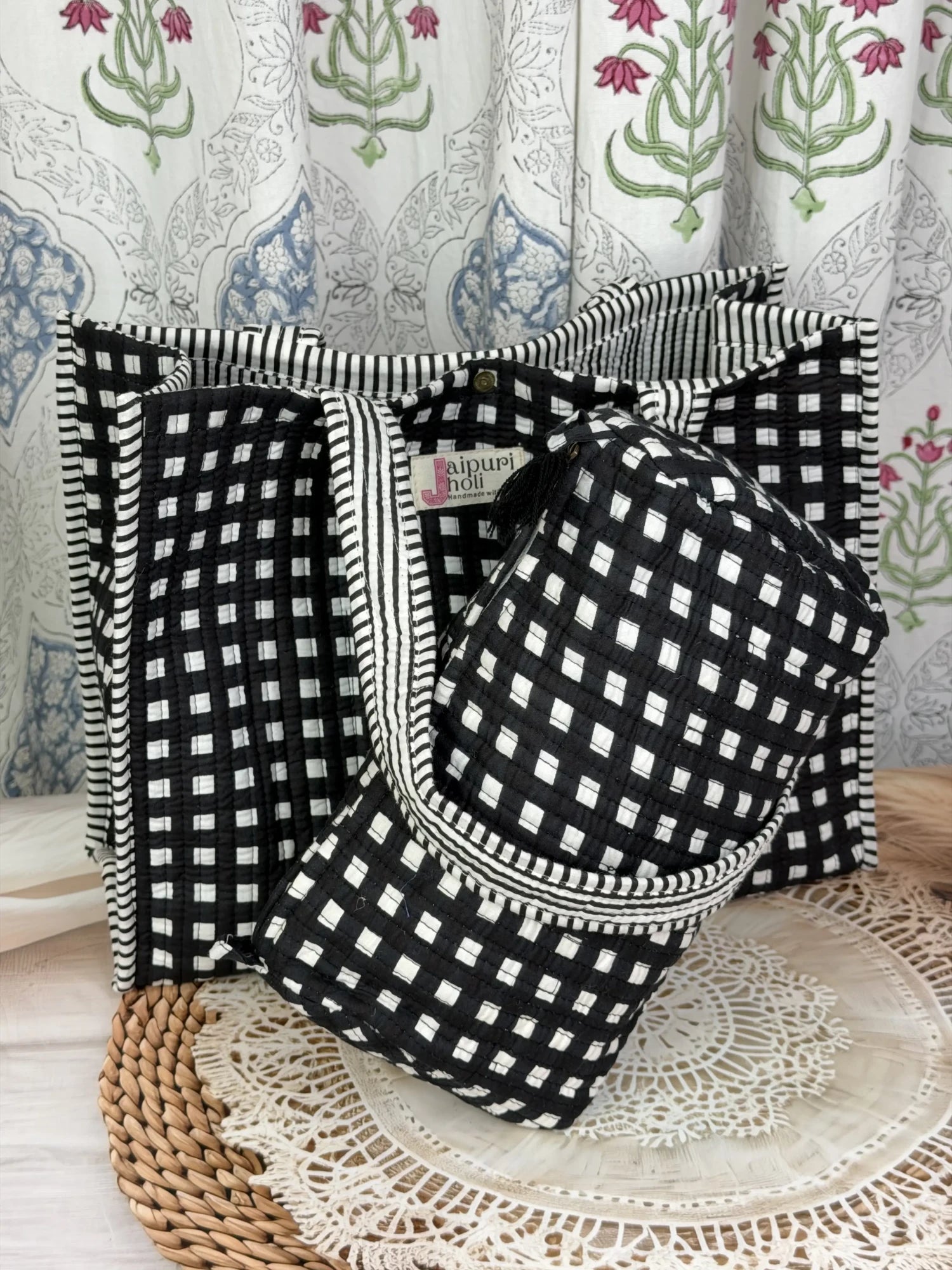 Jaipur block print cotton quilted button tote bag with matching pouch, black and white geometric check print, 15×12×6 inch tote with 10×6 inch pouch for organizing toiletries, cosmetics and medicines interior view