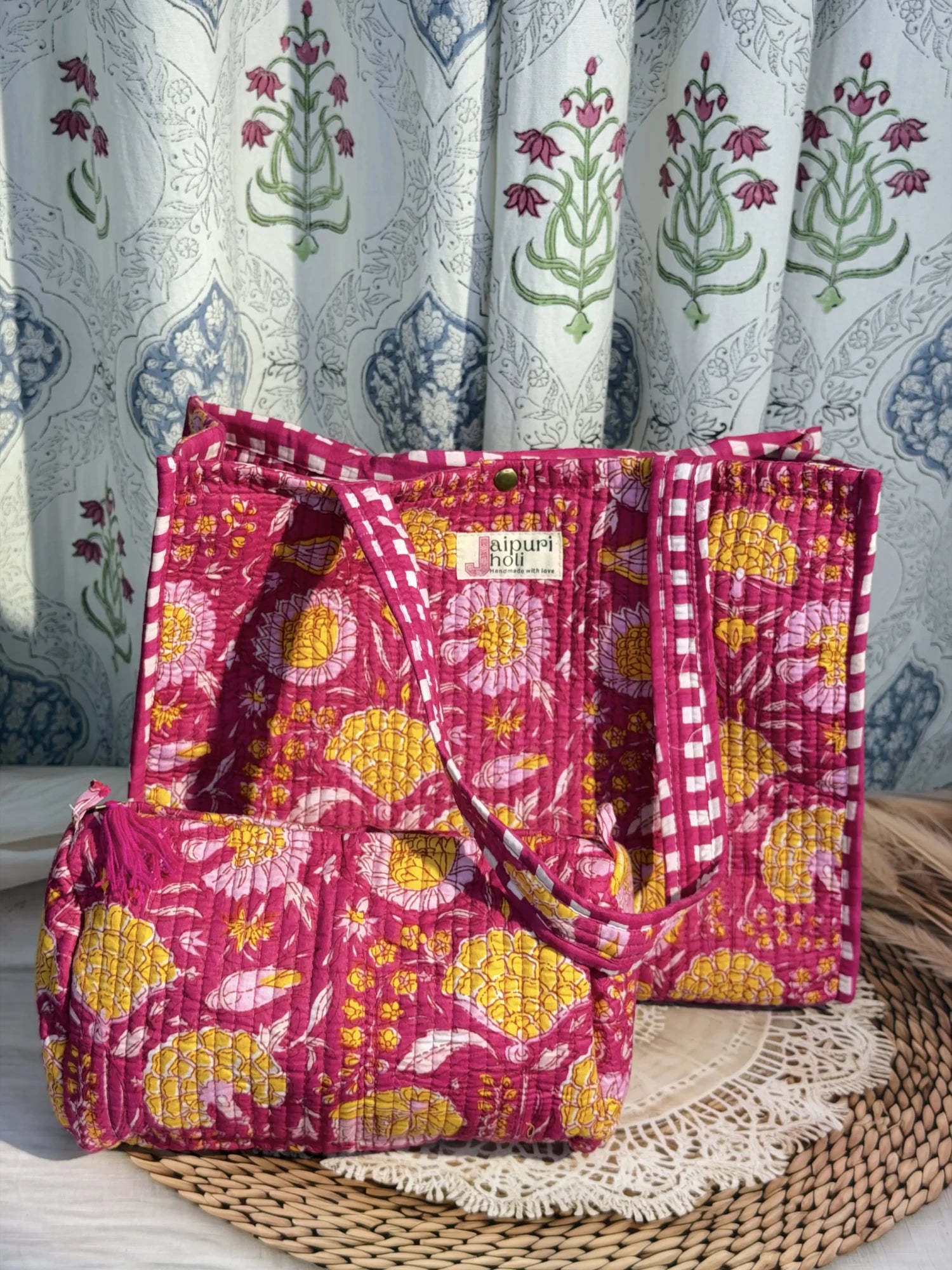 Jaipur block print cotton quilted button tote bag with matching pouch, pink floral print, 15×12×6 inch tote with 10×6 inch pouch for storing toiletries, cosmetics and medicines front view