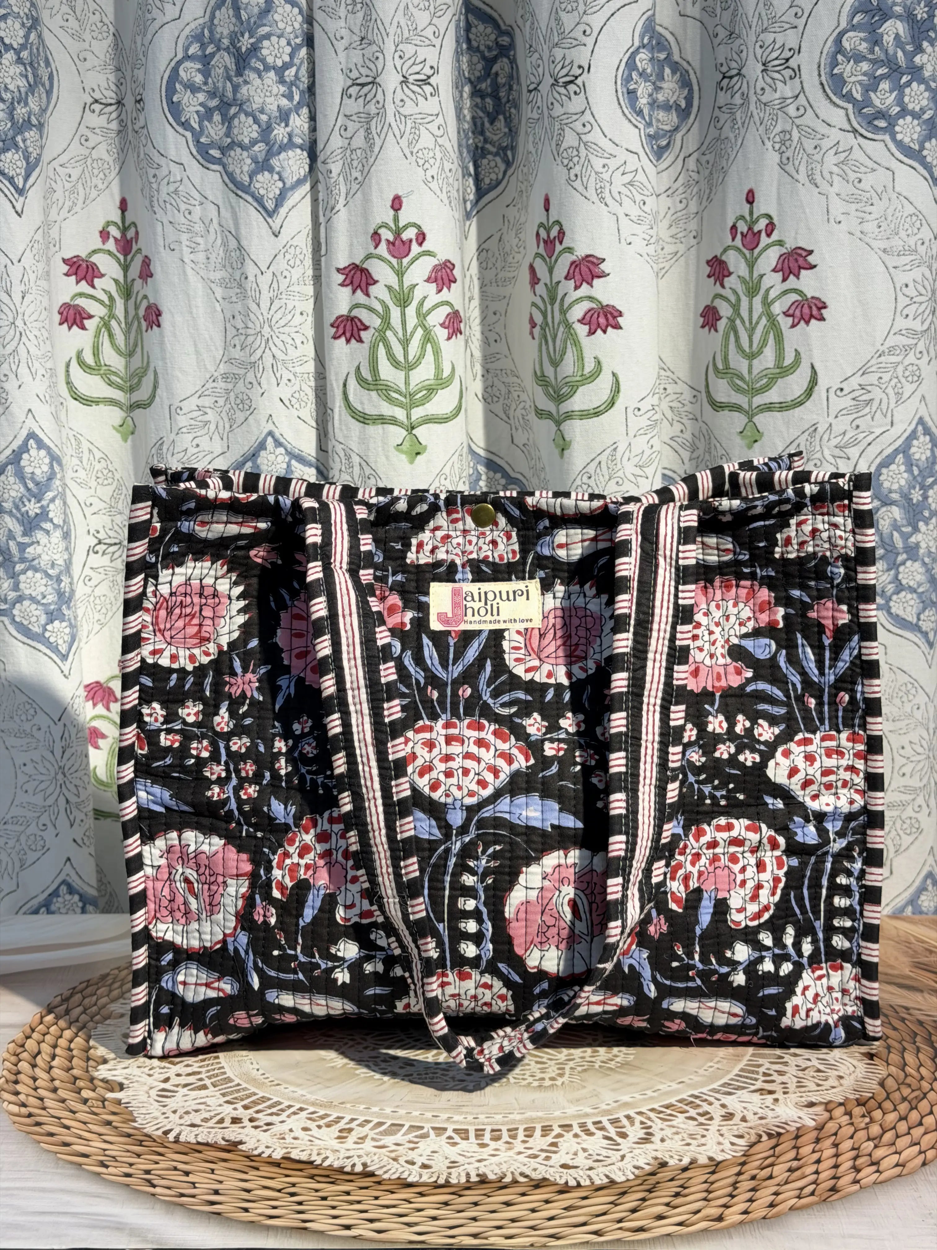 Jaipur Block Print Cotton Quilted Button Tote Bag - Black and Pink Floral Print Print Front View