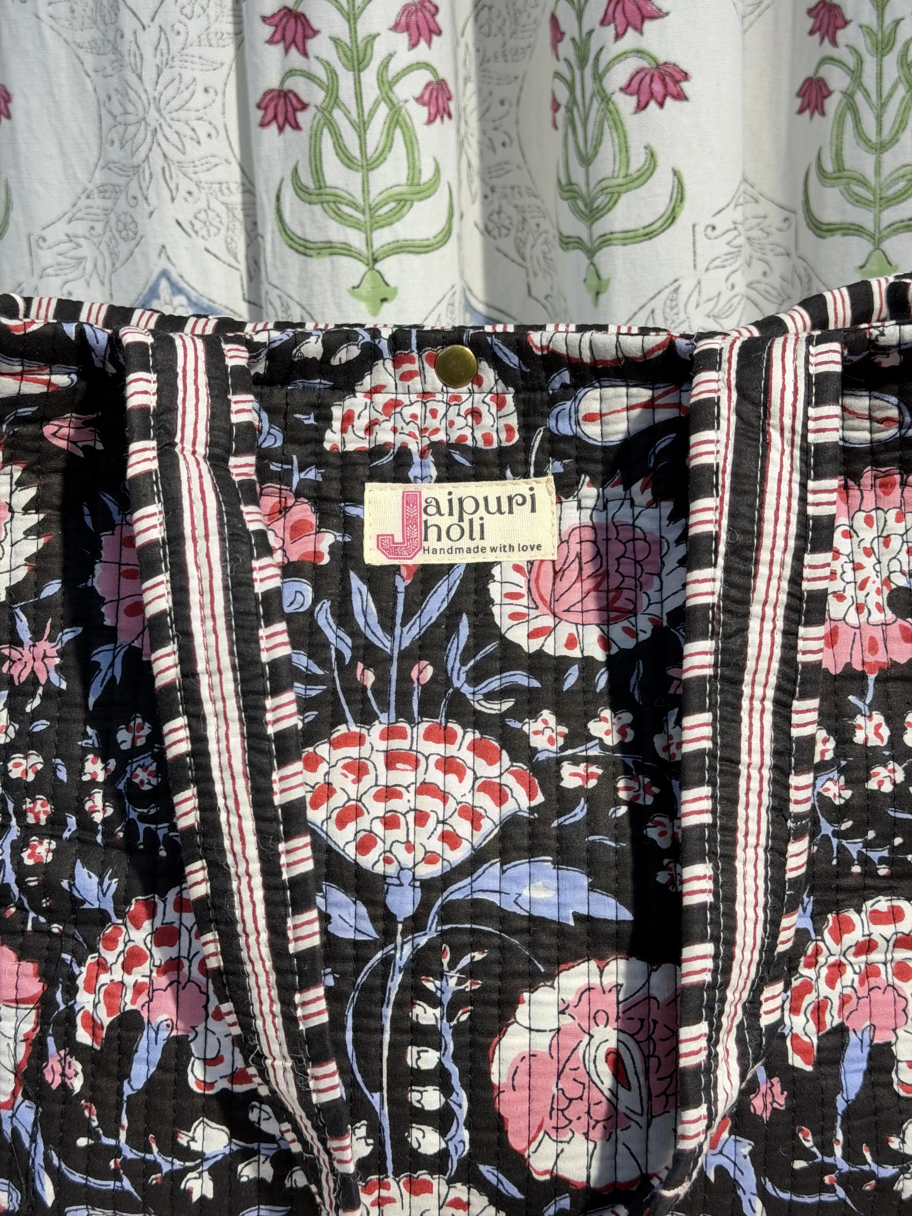 Jaipur Block Print Cotton Quilted Button Tote Bag - Black and Pink Floral Print Print Close-UP View