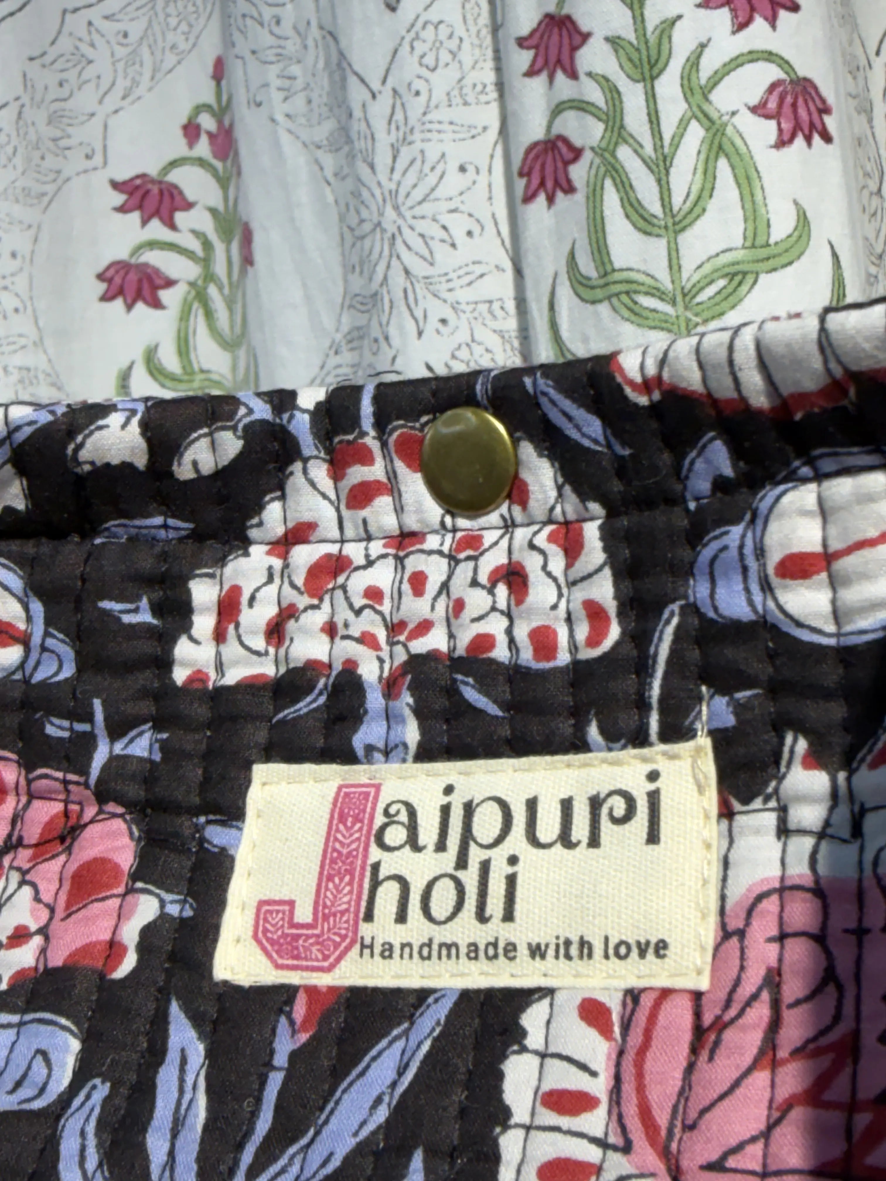 Jaipur Block Print Cotton Quilted Button Tote Bag - Black and Pink Floral Print Print Close-UP View