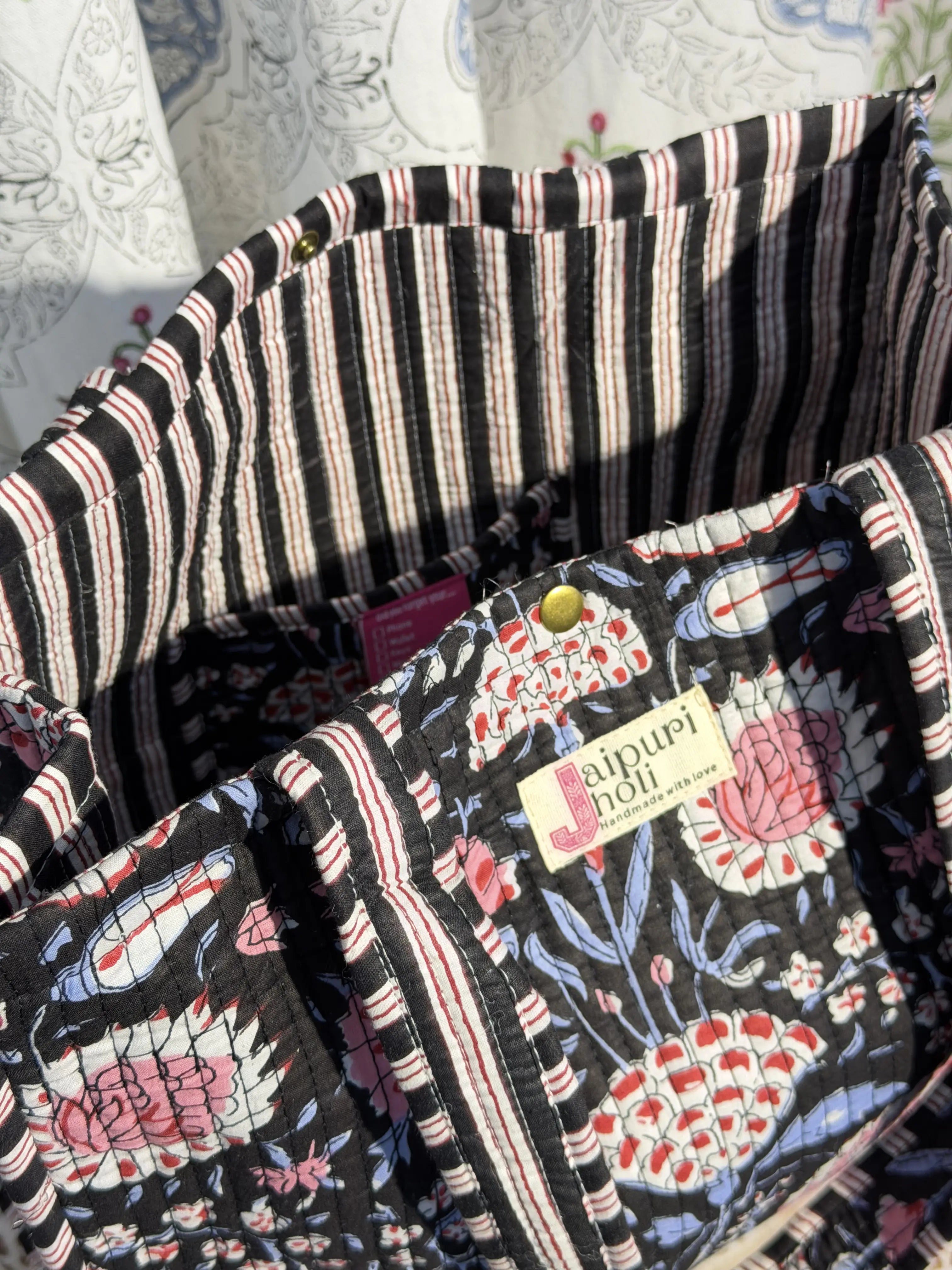 Jaipur Block Print Cotton Quilted Button Tote Bag - Black and Pink Floral Print Print Interior View