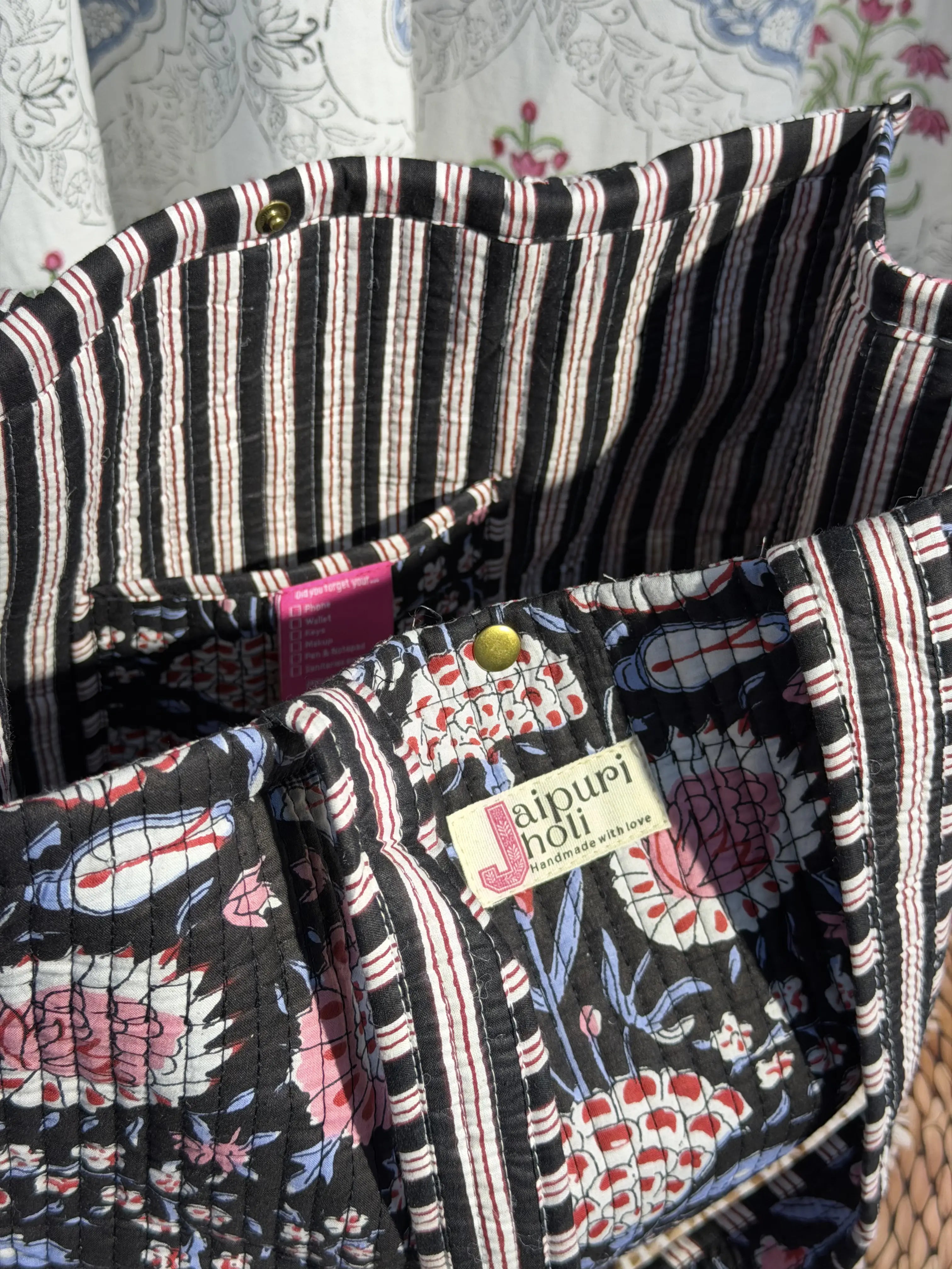 Jaipur Block Print Cotton Quilted Button Tote Bag - Black and Pink Floral Print Print Side View
