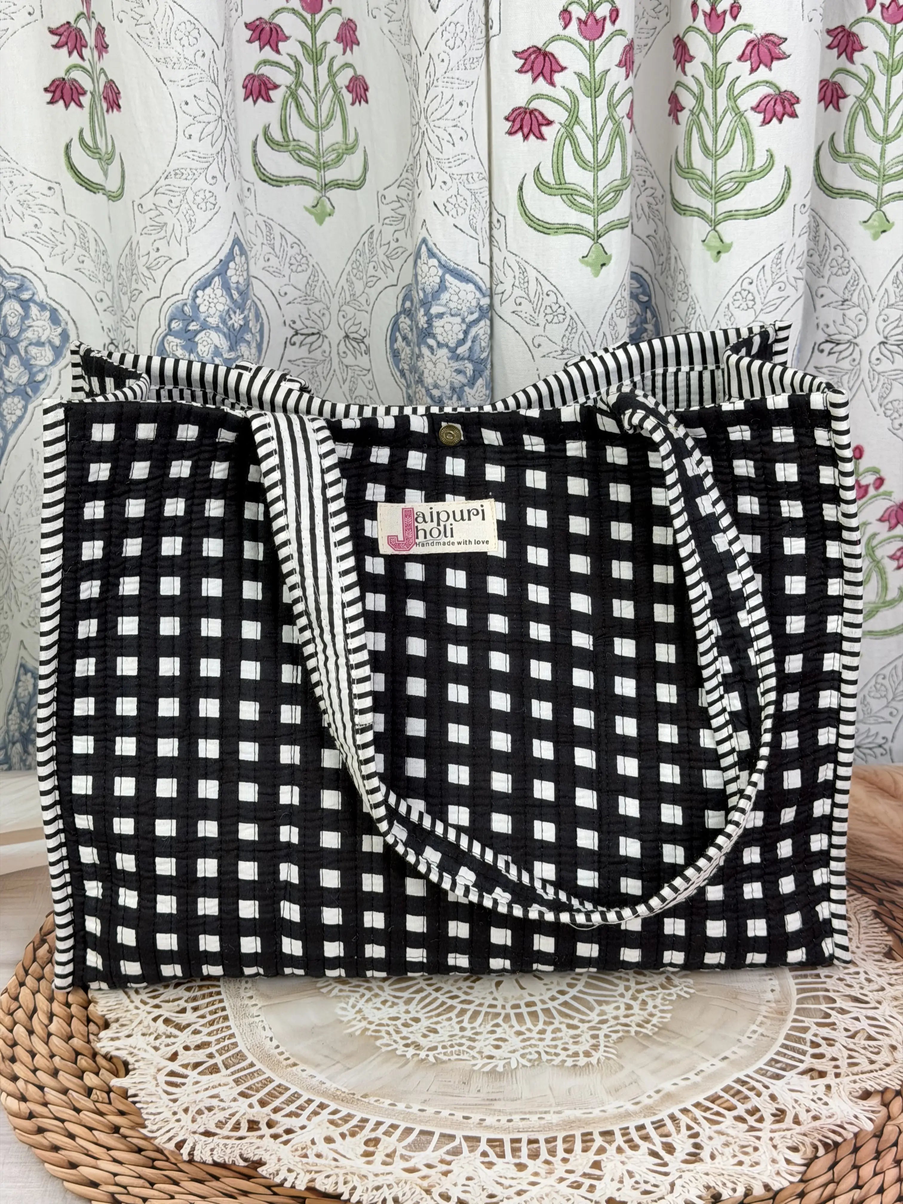 Jaipur Block Print Cotton Quilted Button Tote Bag - Blue and White Zigzag Geometric Print Front View