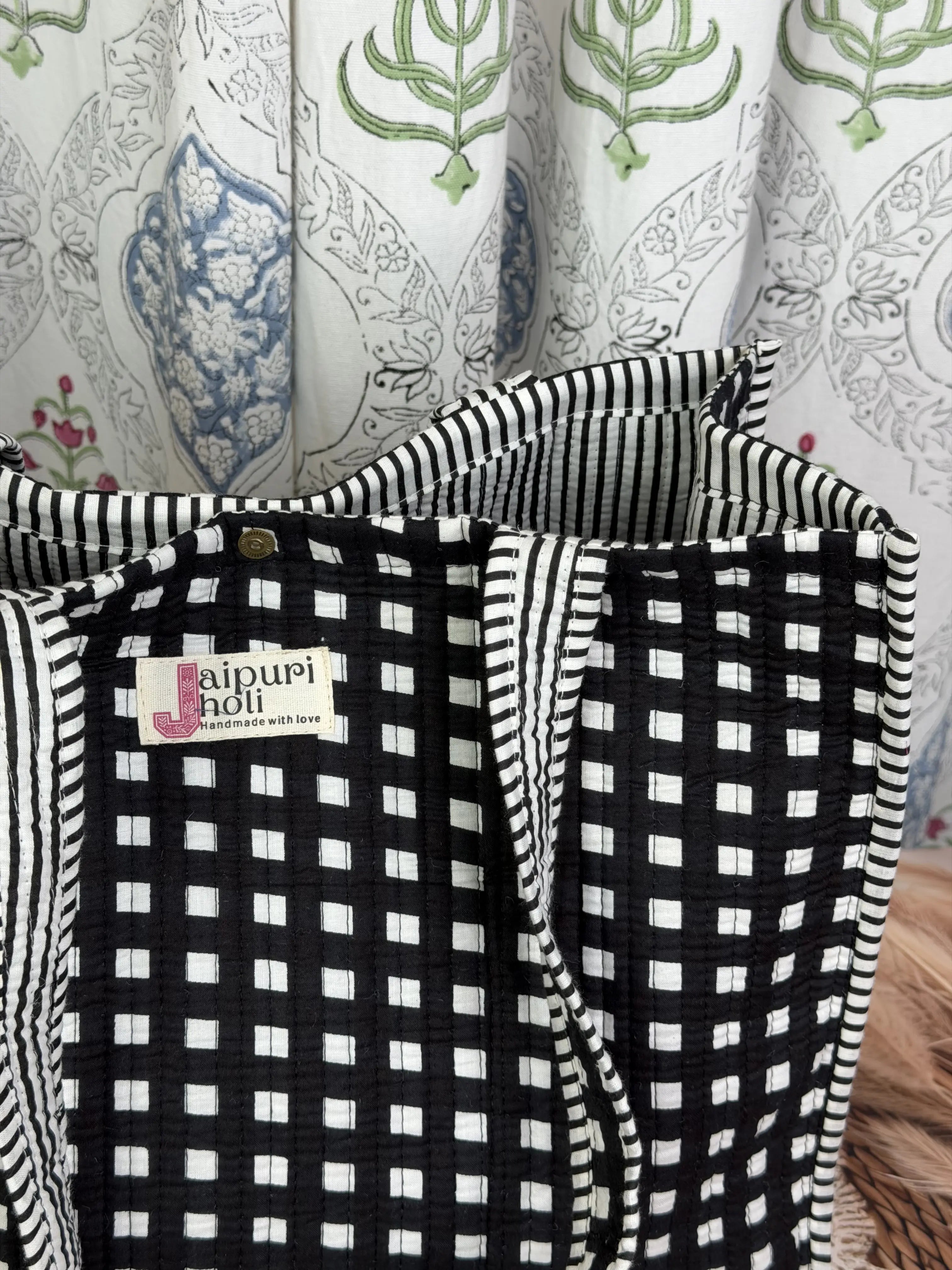 Jaipur Block Print Cotton Quilted Button Tote Bag - Blue and White Zigzag Geometric Print Close-UP View