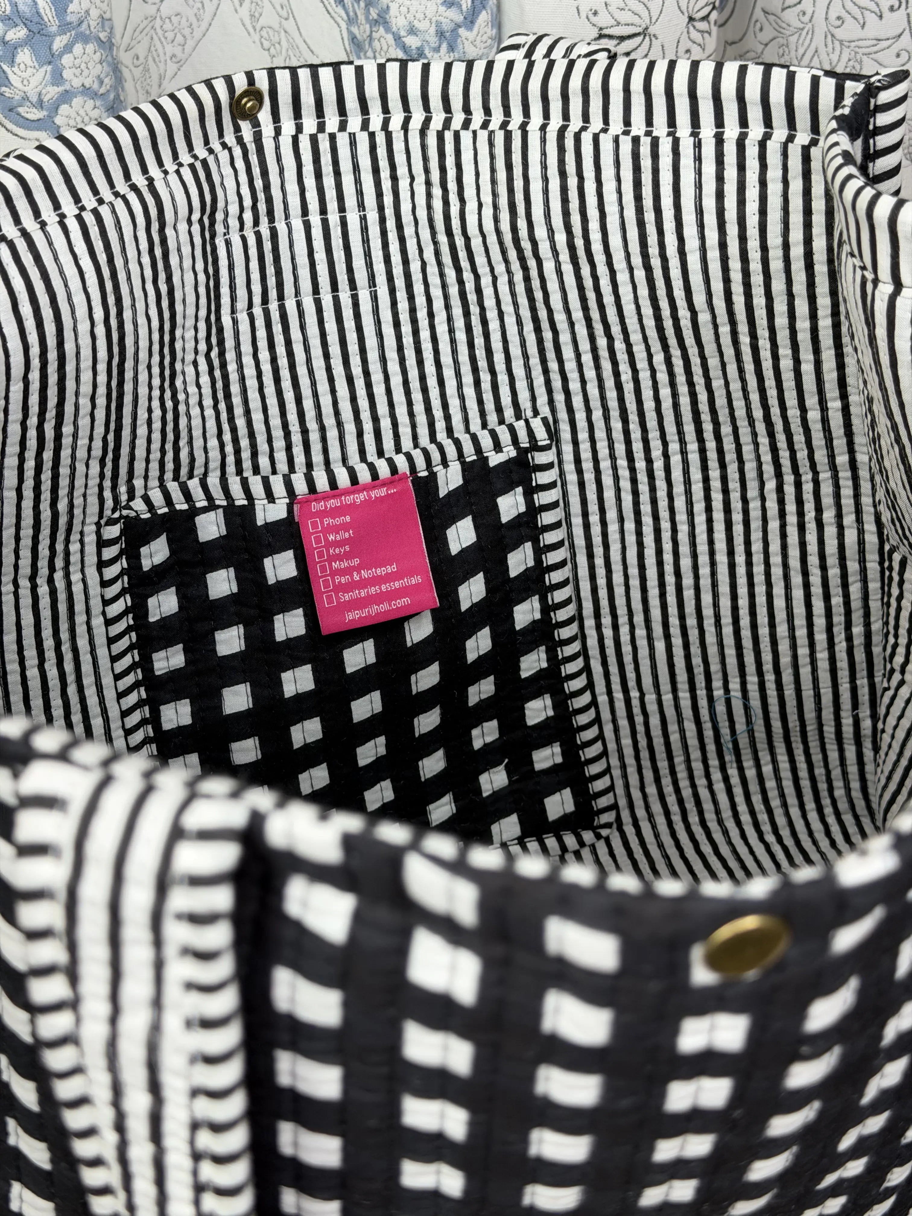 Jaipur Block Print Cotton Quilted Button Tote Bag - Blue and White Zigzag Geometric Print Interior View