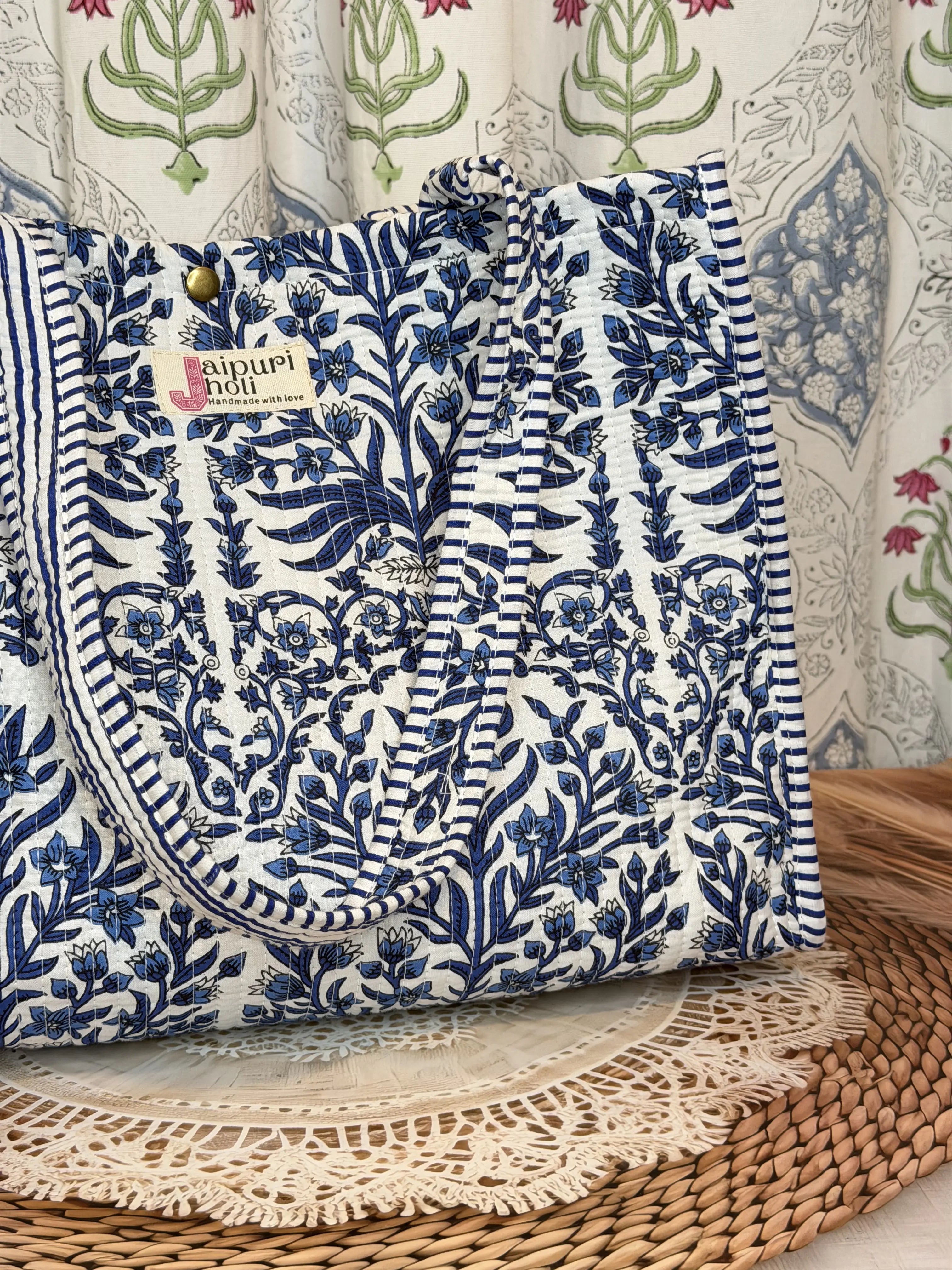 Jaipur Block Print Cotton Quilted Button Tote Bag - Blue Floral Leaves Print front view