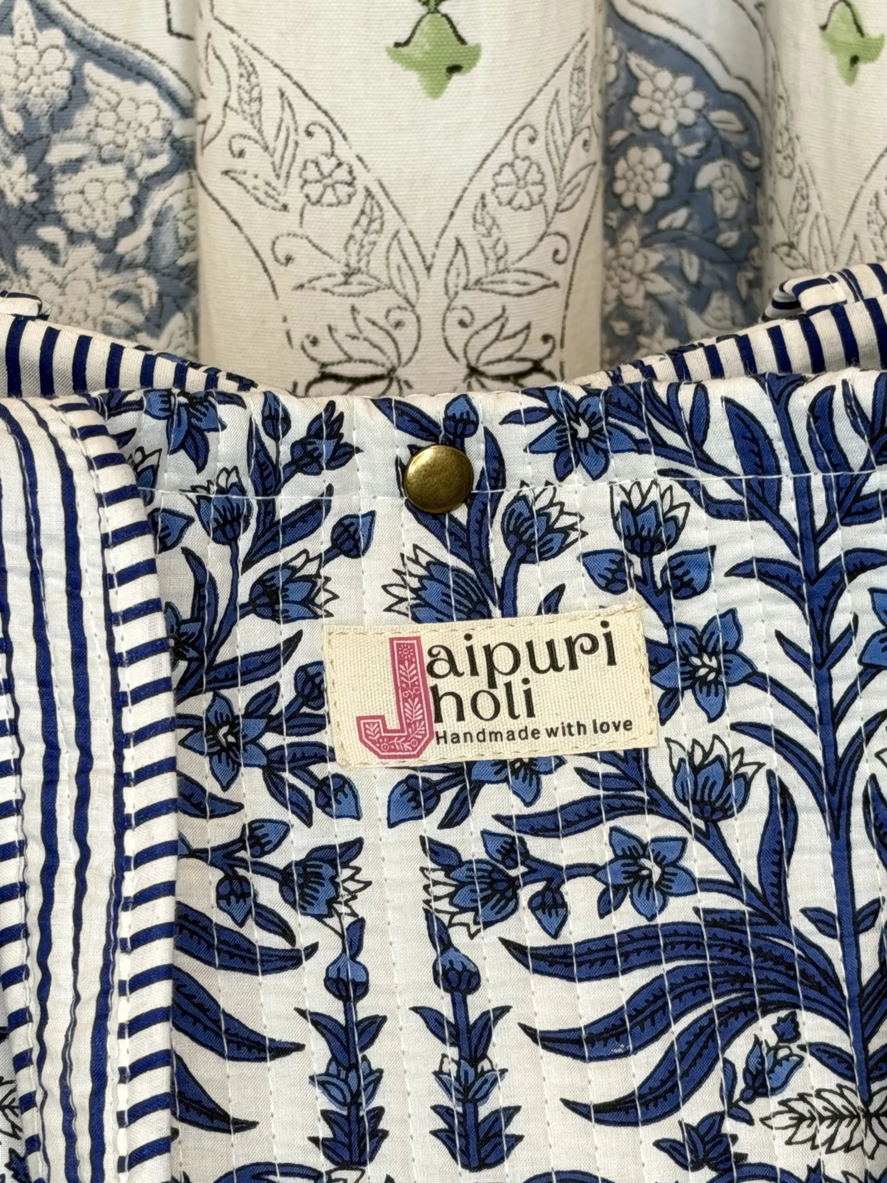 Jaipur Block Print Cotton Quilted Button Tote Bag - Blue Floral Leaves Print Close-UP View