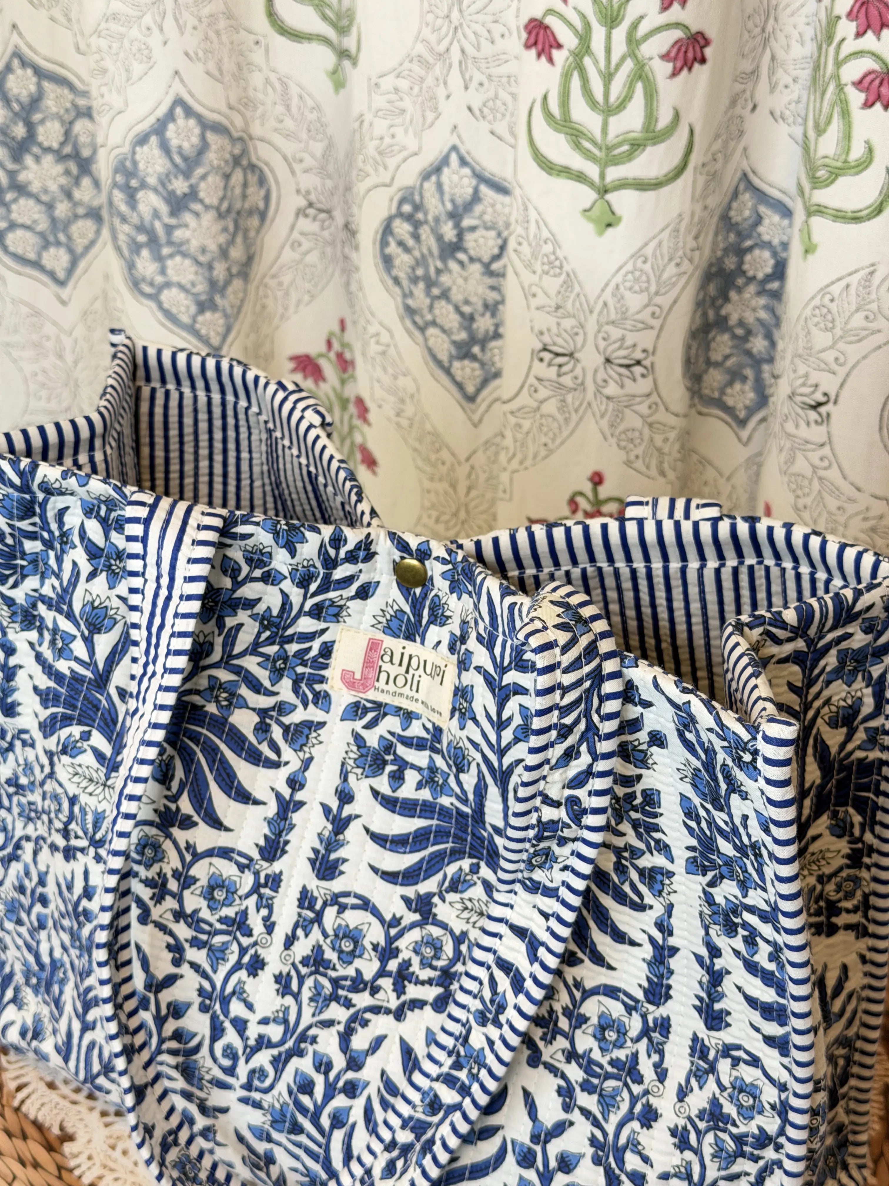 Jaipur Block Print Cotton Quilted Button Tote Bag - Blue Floral Leaves Print Side View
