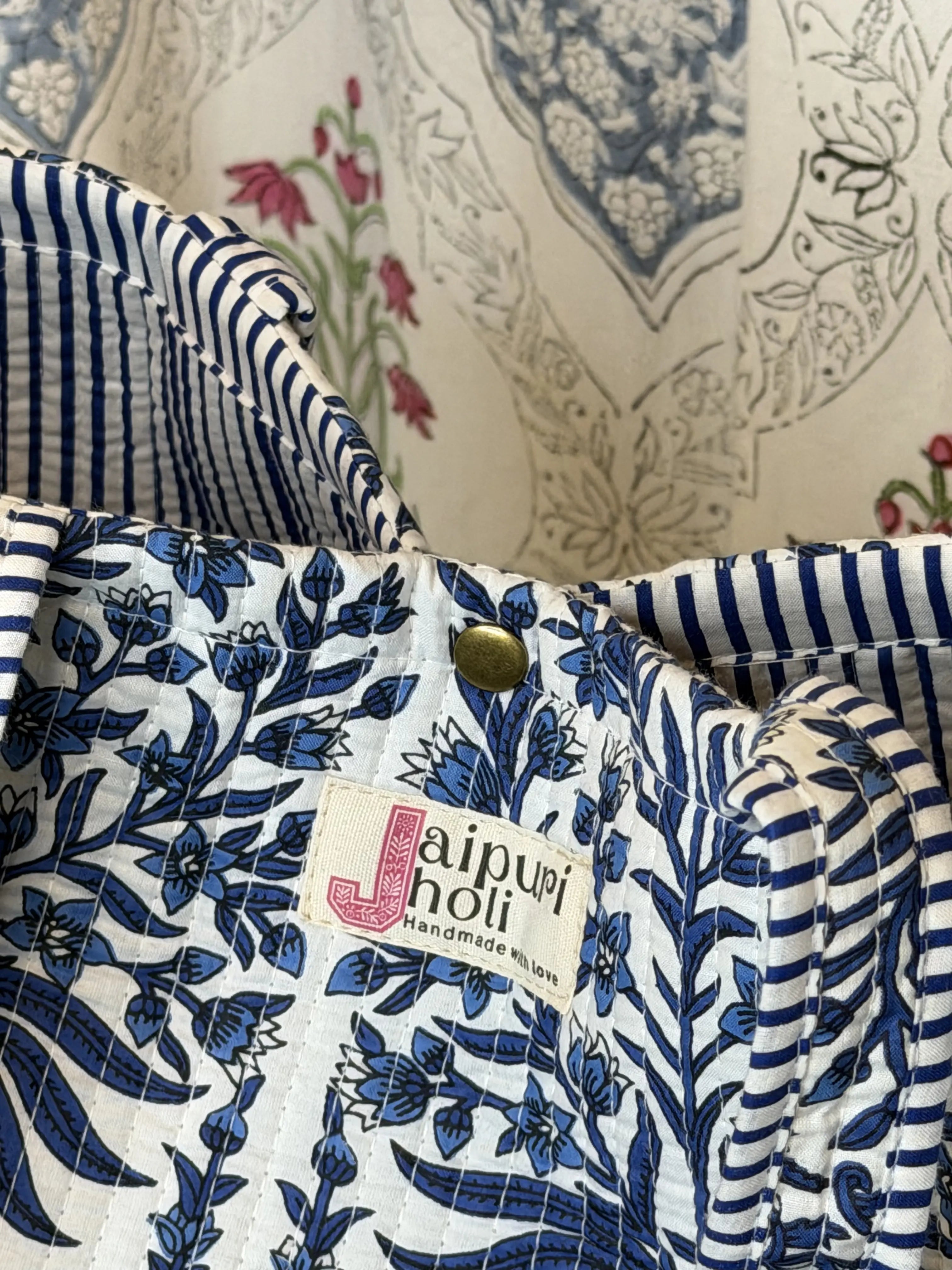Jaipur Block Print Cotton Quilted Button Tote Bag - Blue Floral Leaves Print Side View