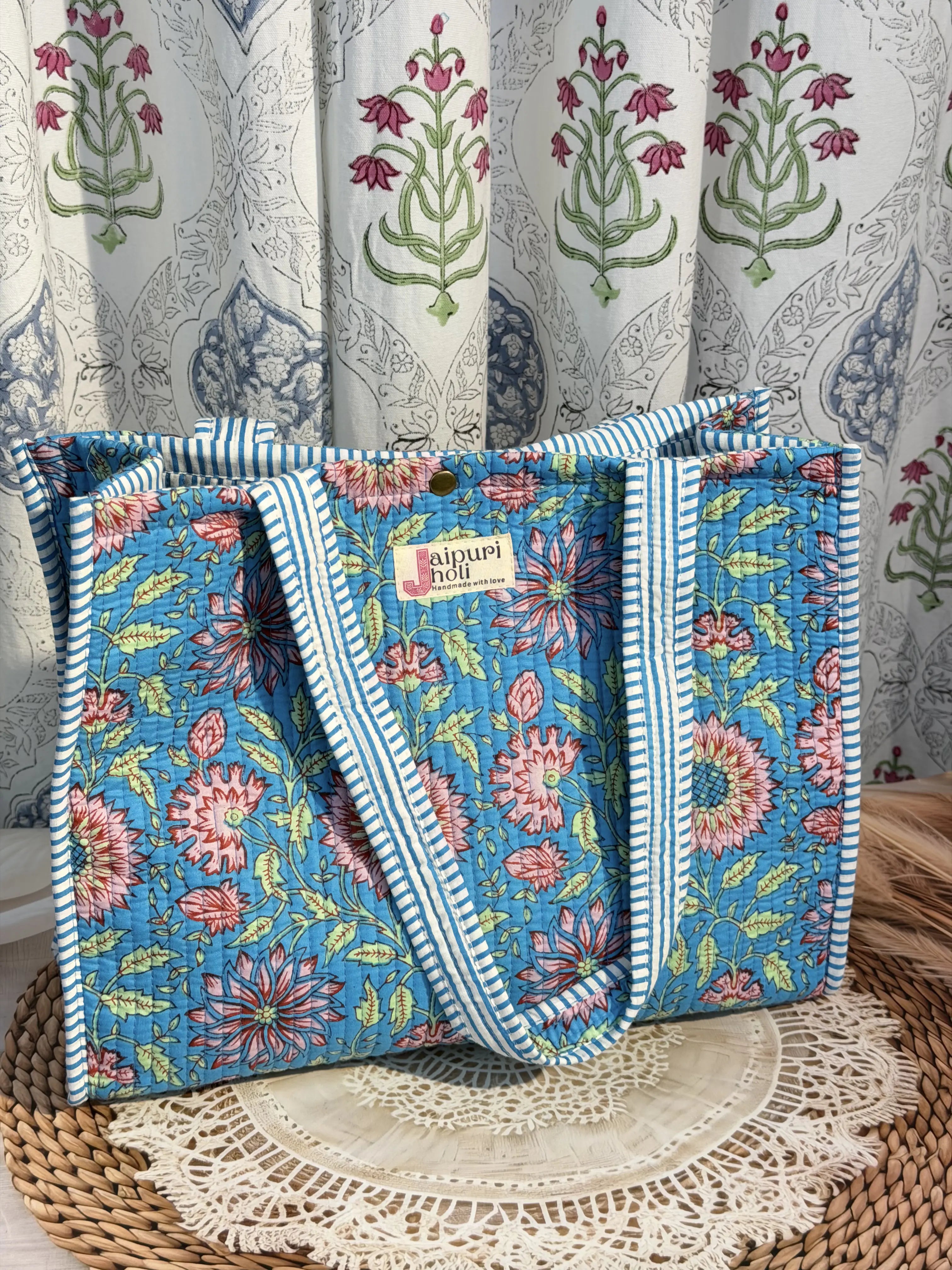 Jaipur Block Print Cotton Quilted Button Tote Bag - blue-floral Print Front View