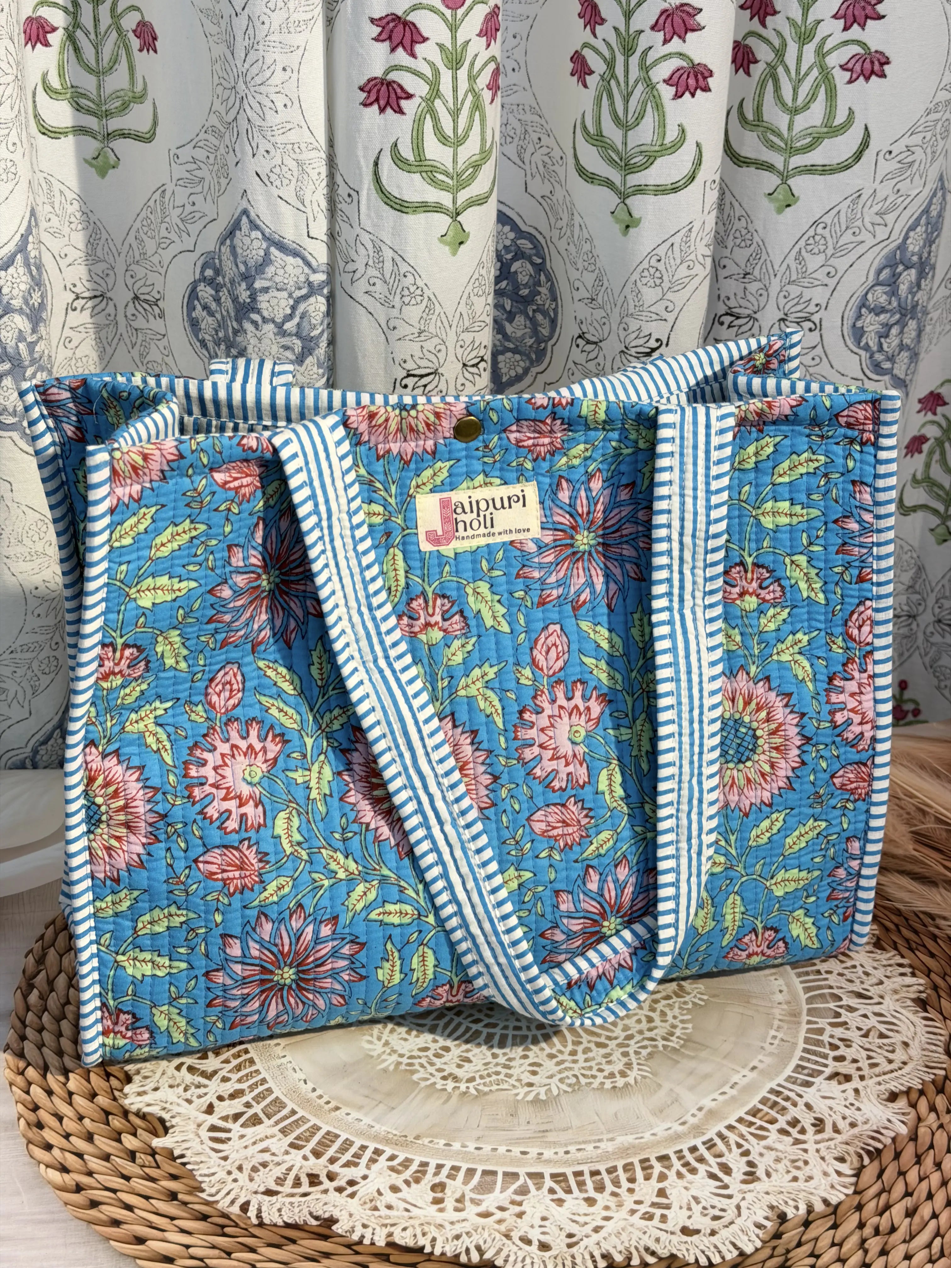 Jaipur Block Print Cotton Quilted Button Tote Bag - blue-floral Print Front View
