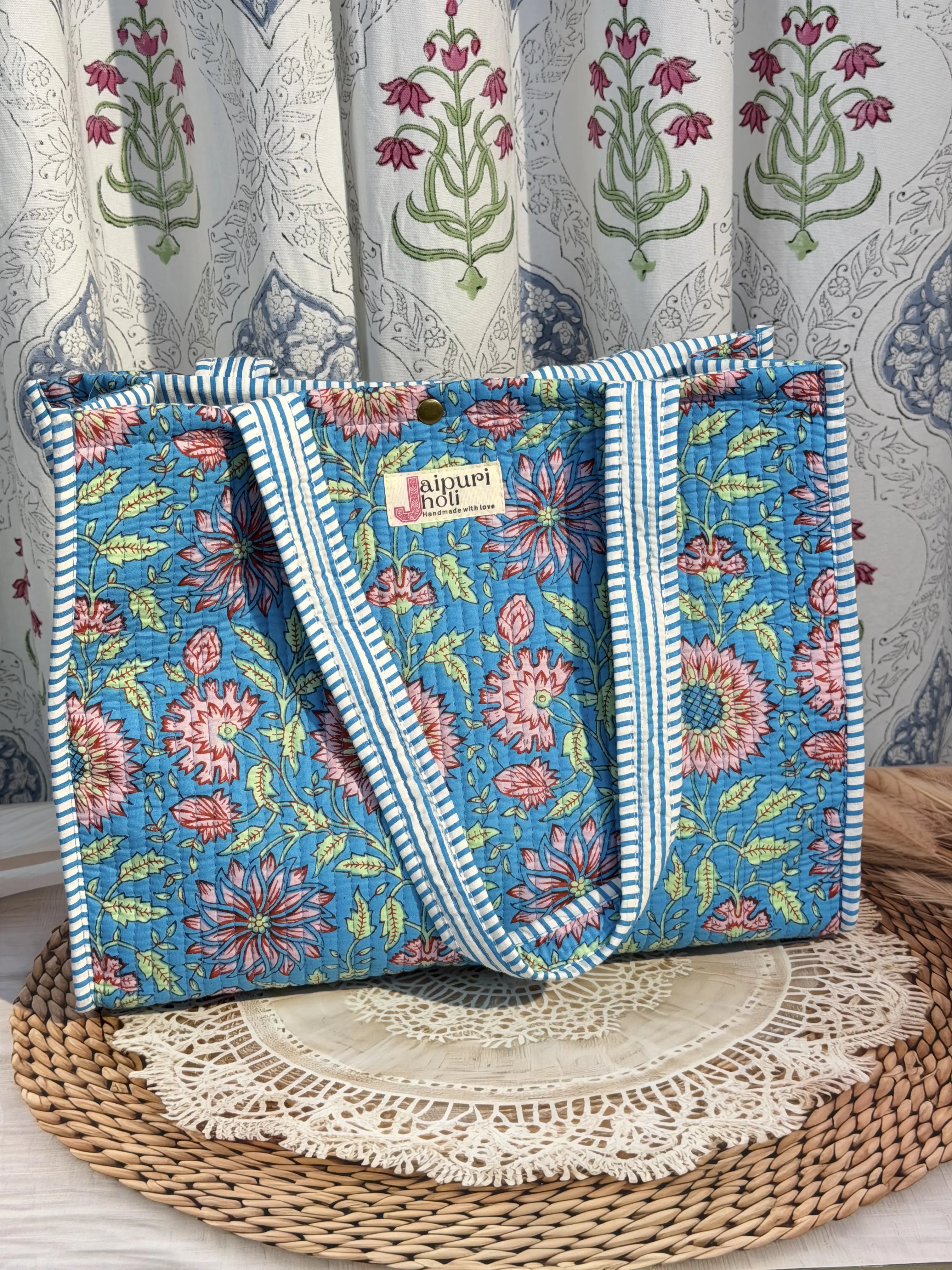 Jaipur Block Print Button Tote Bags - Blue Floral