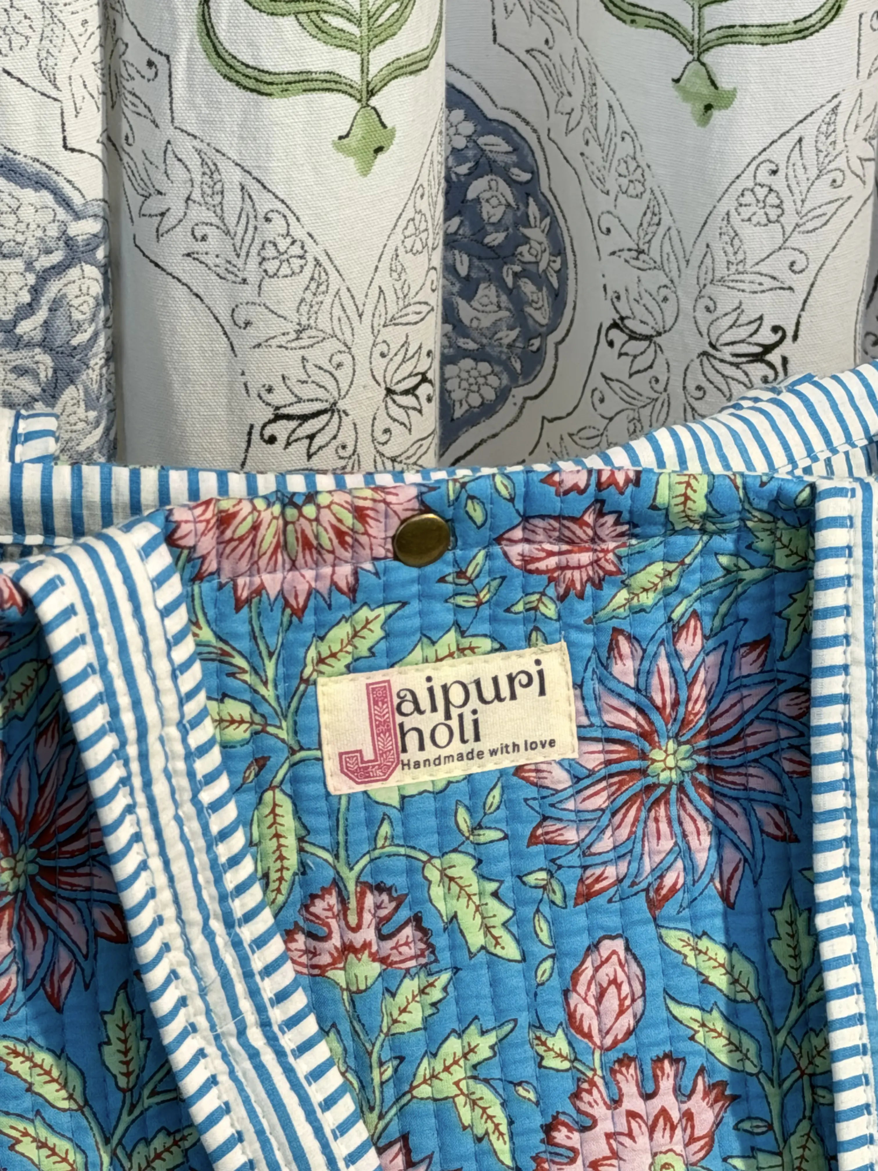 Jaipur Block Print Cotton Quilted Button Tote Bag - blue-floral Print Close-UP View