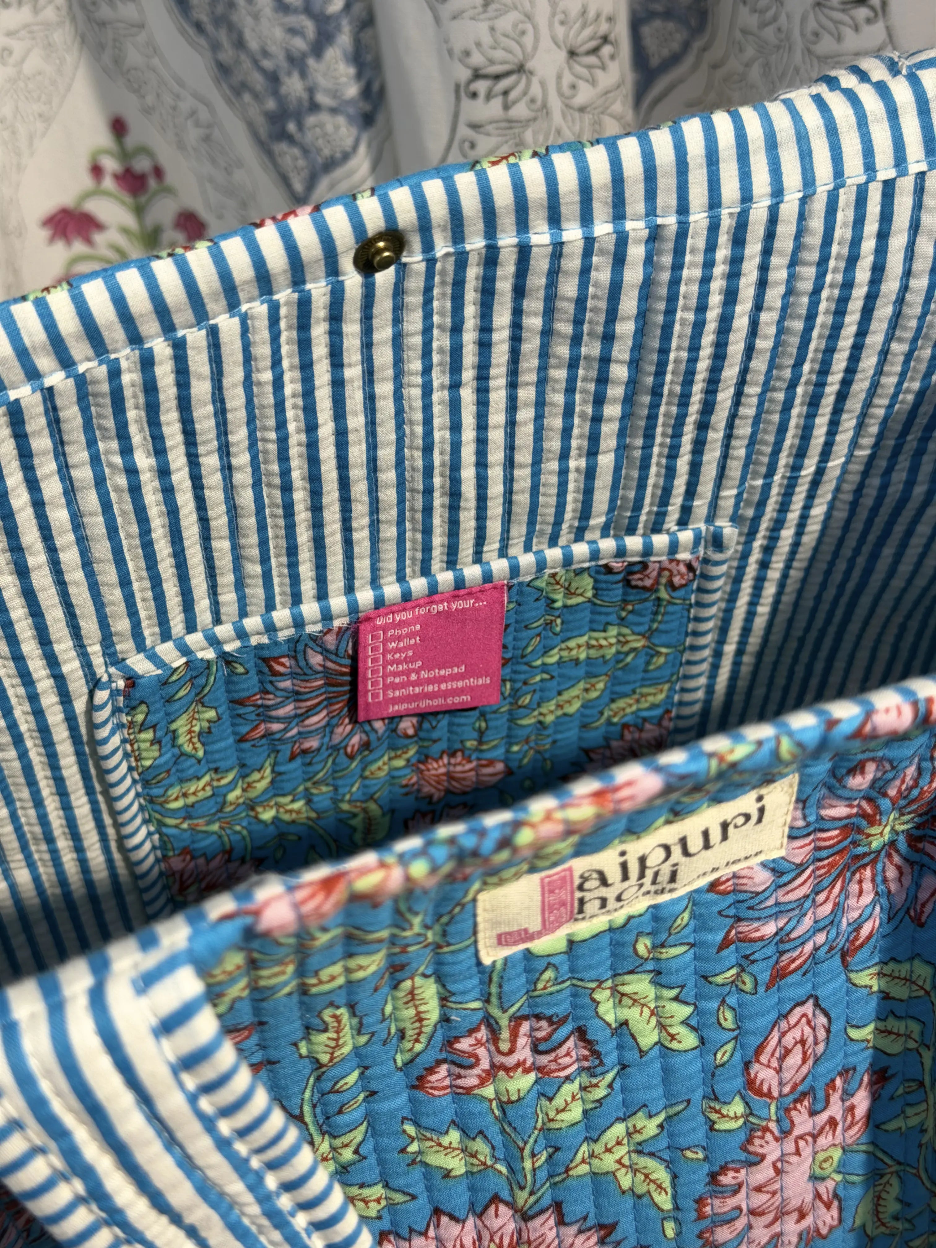 Jaipur Block Print Cotton Quilted Button Tote Bag - blue-floral Print Interior View