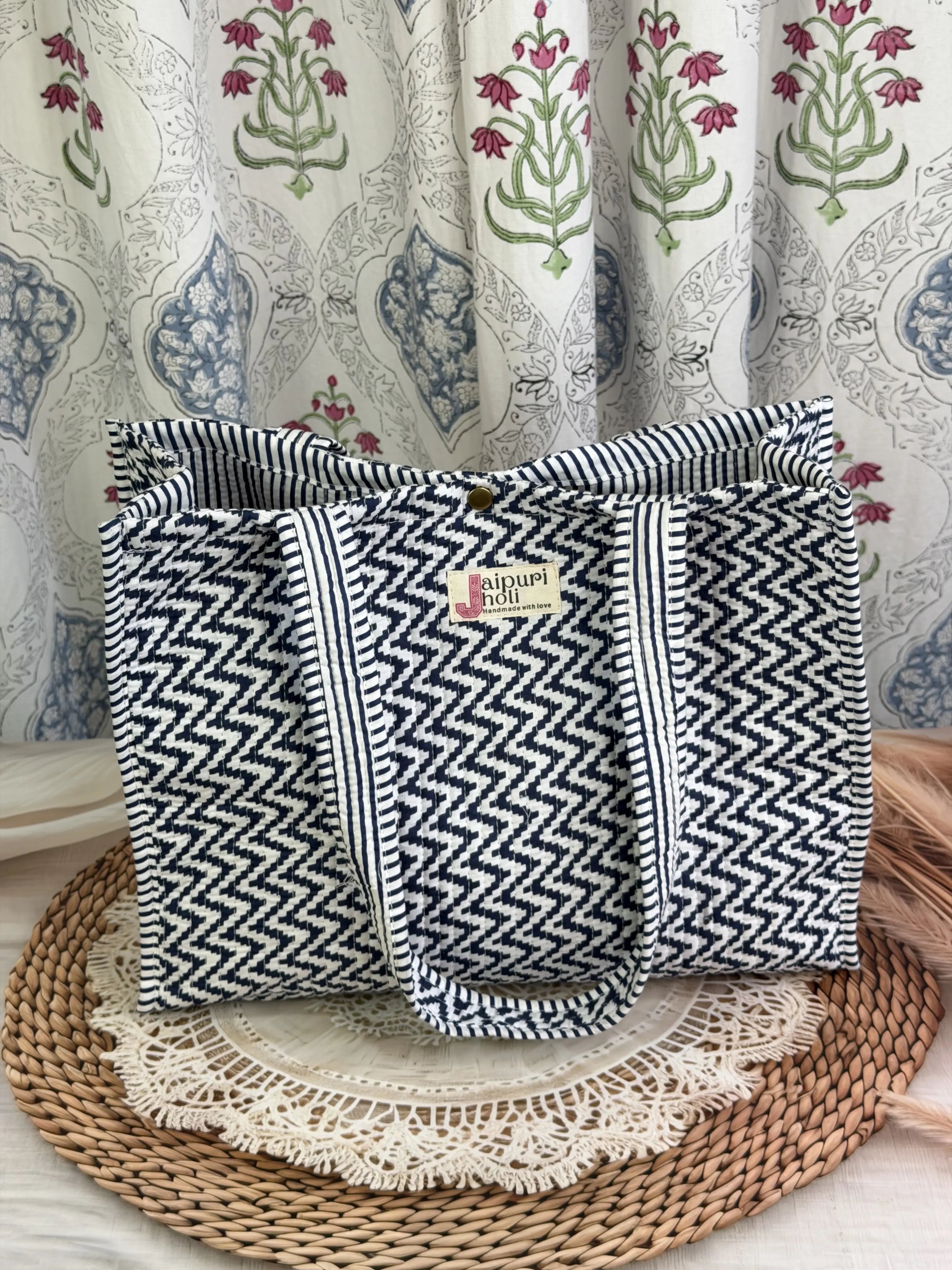 Jaipur Block Print Cotton Quilted Button Tote Bag - Blue and White Zigzag Geometric Print Front View