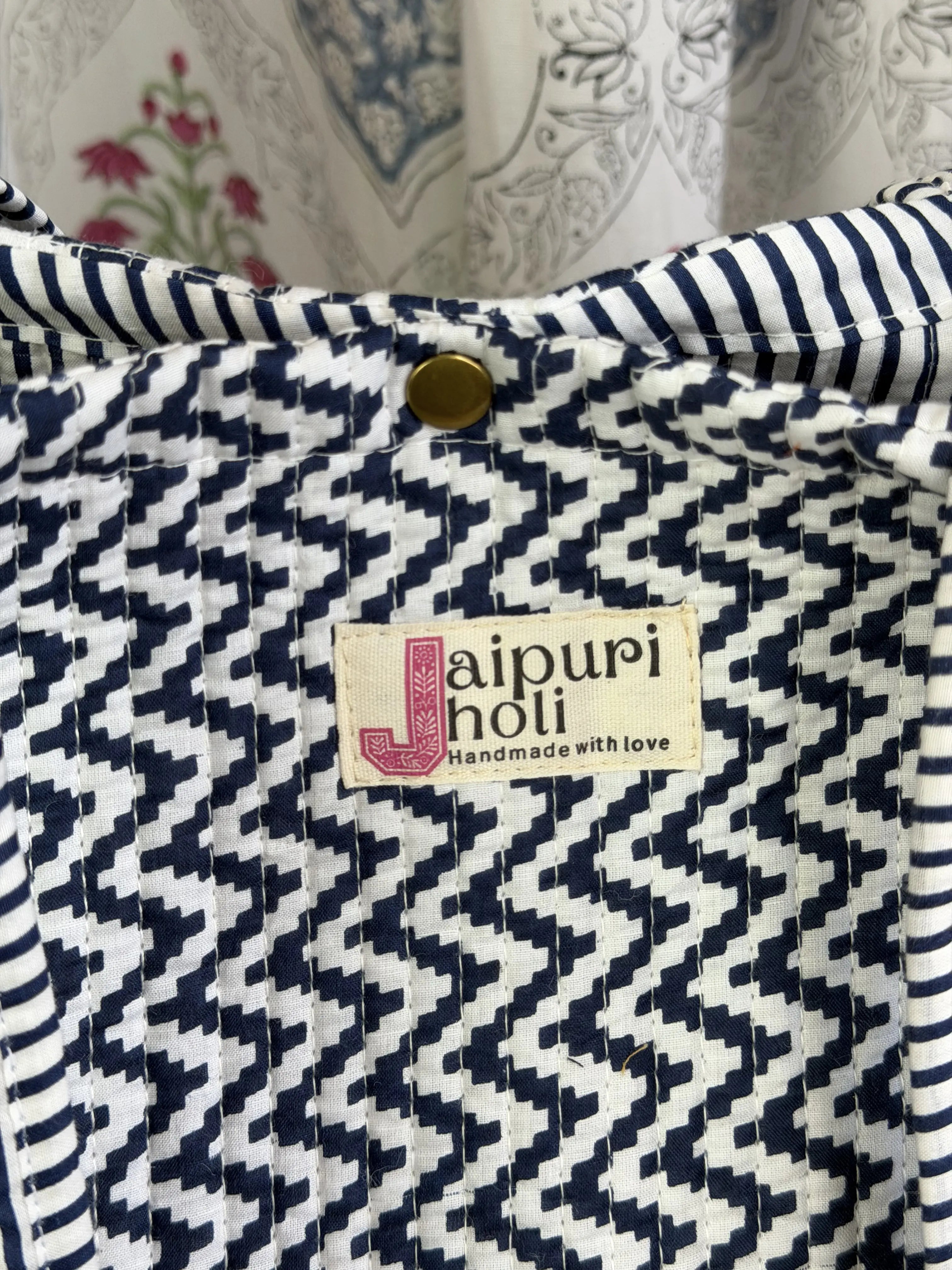 Jaipur Block Print Cotton Quilted Button Tote Bag - Blue and White Zigzag Geometric Print Close-Up View
